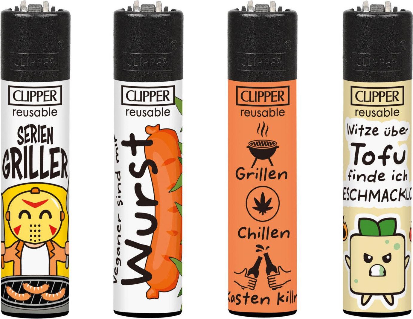 CLIPPER Зажигалки 4 Stück im Set mit Spruch nachfüllbar & wiederverwendbar (4-St., 4), Original Clipper mit Spruch "Stammtisch", "Wust", "Grillen", "Tofu"