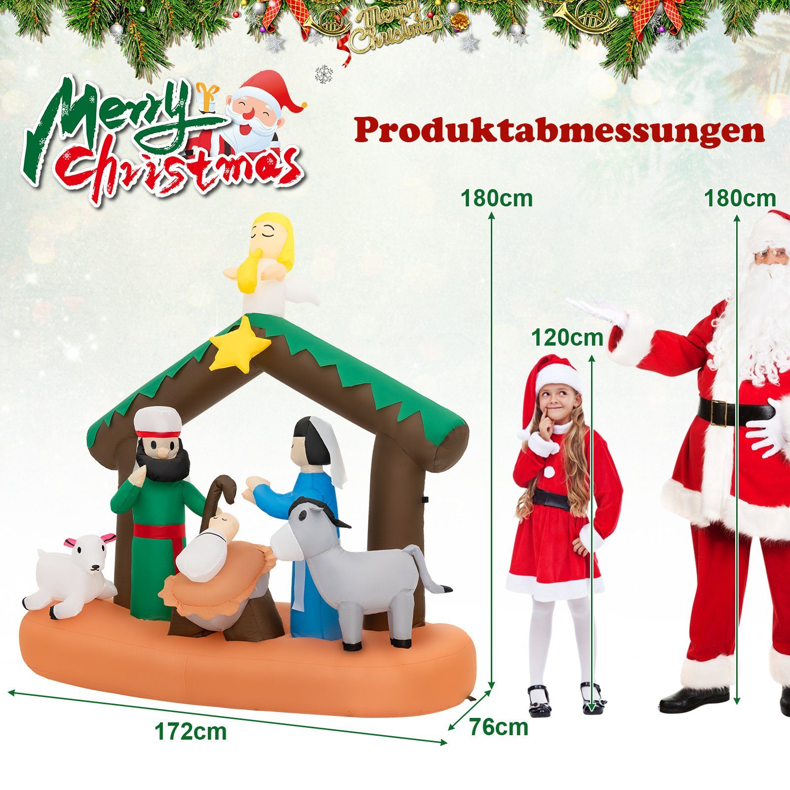 COSTWAY Weihnachtsfigur, aufblasbare Weihnachtsdekoration mit LEDs, 180 cm