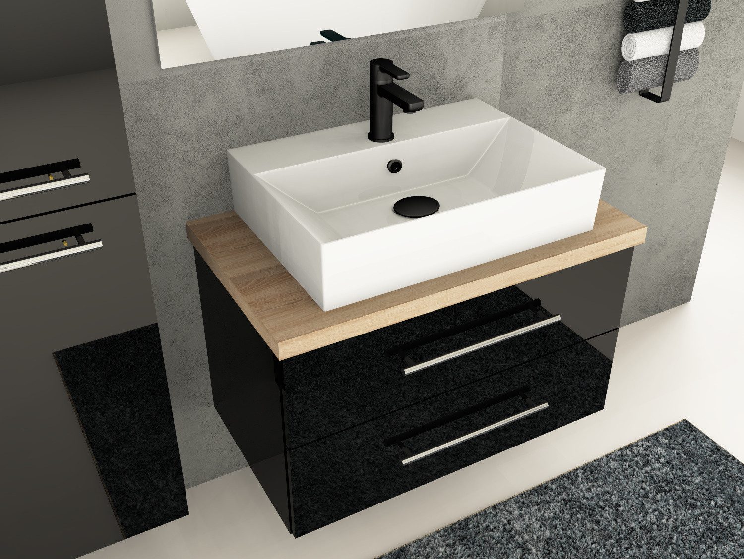 Aqua Bagno Badmöbel-Set Flex Badmöbel 80 cm Schwarz Hochglanz mit Keramikwaschbecken KS.60, (Badschrank vormontiert, 3-St., Badmöbelschrank mit Trägerplatte, Waschbecken), einfache Montage