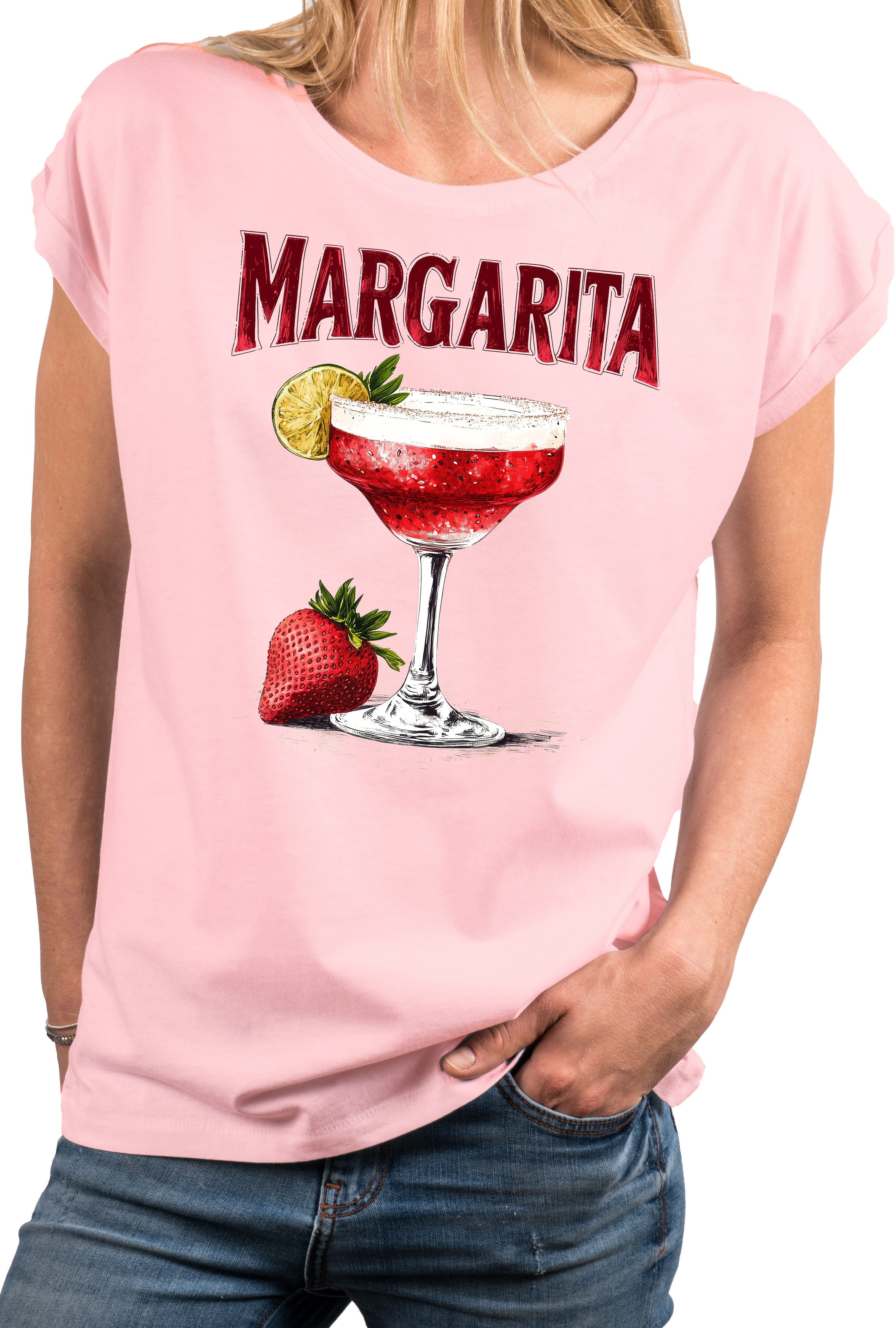 MAKAYA Print-Shirt Damen Margarita Party Top Lime Fruit Cocktail Elegant (Weiß, Rosa, Hellgrau, 34, 36, 38, 40, 42, 44, 46, 48, 50) aus Baumwolle