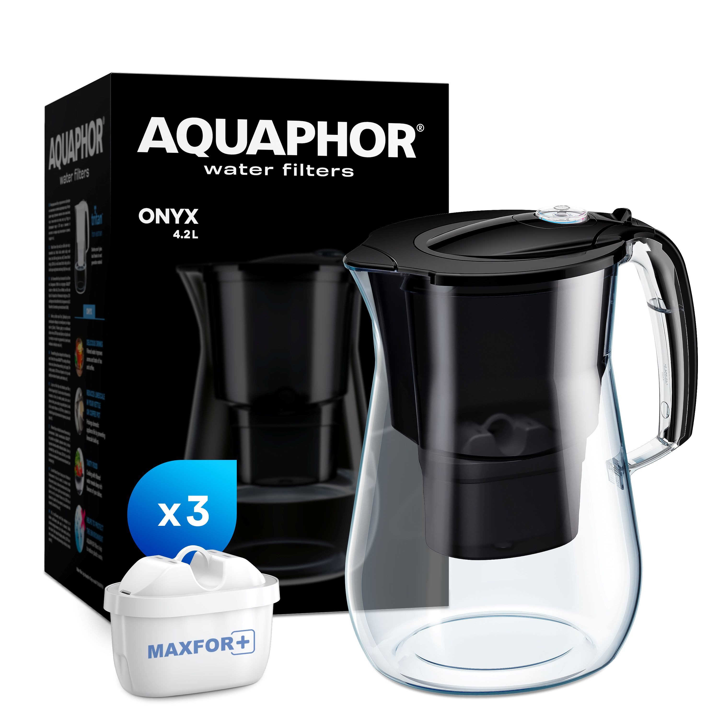 AQUAPHOR Wasserfilter Set Filterkanne ONYX schwarz- inkl. 3 Filter MAXFOR+, Zubehör für Filterkartuschen MAXFOR+, MAXFOR+H hartes Wasser & MAXFOR+ Mg. Magnesium, Reduziert Kalk, Chlor & weiteren Stoffen. BPA frei