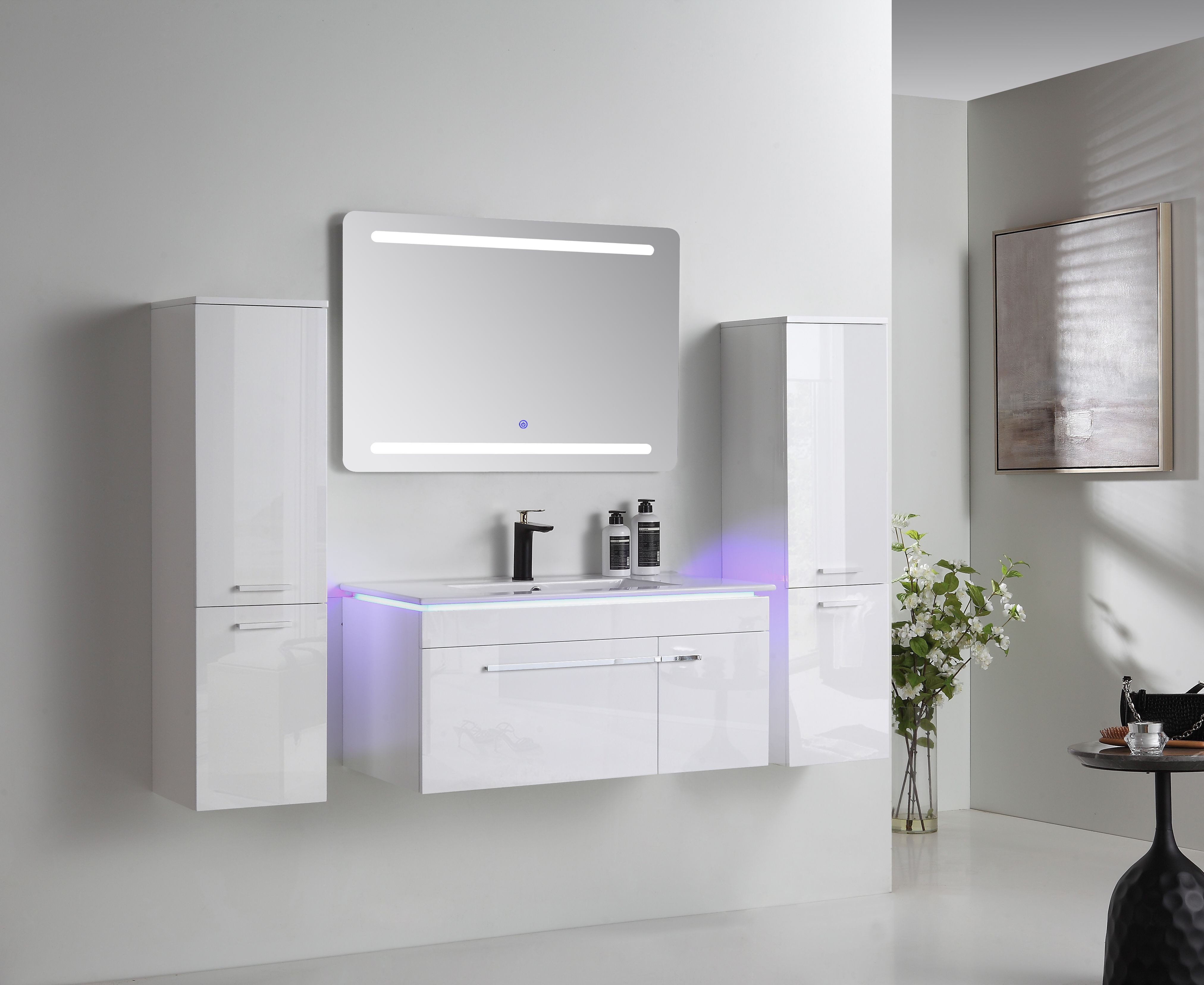 Faizee Möbel Badmöbel-Set Badmöbel-Set Badmöbel- Set Schwarz/Weiß/Königsblau Keramik/Granit, (Komplett-Set, 5-St), badmöbel set 120cm komplett Set LED-Spiegel mit Touch-Funktion
