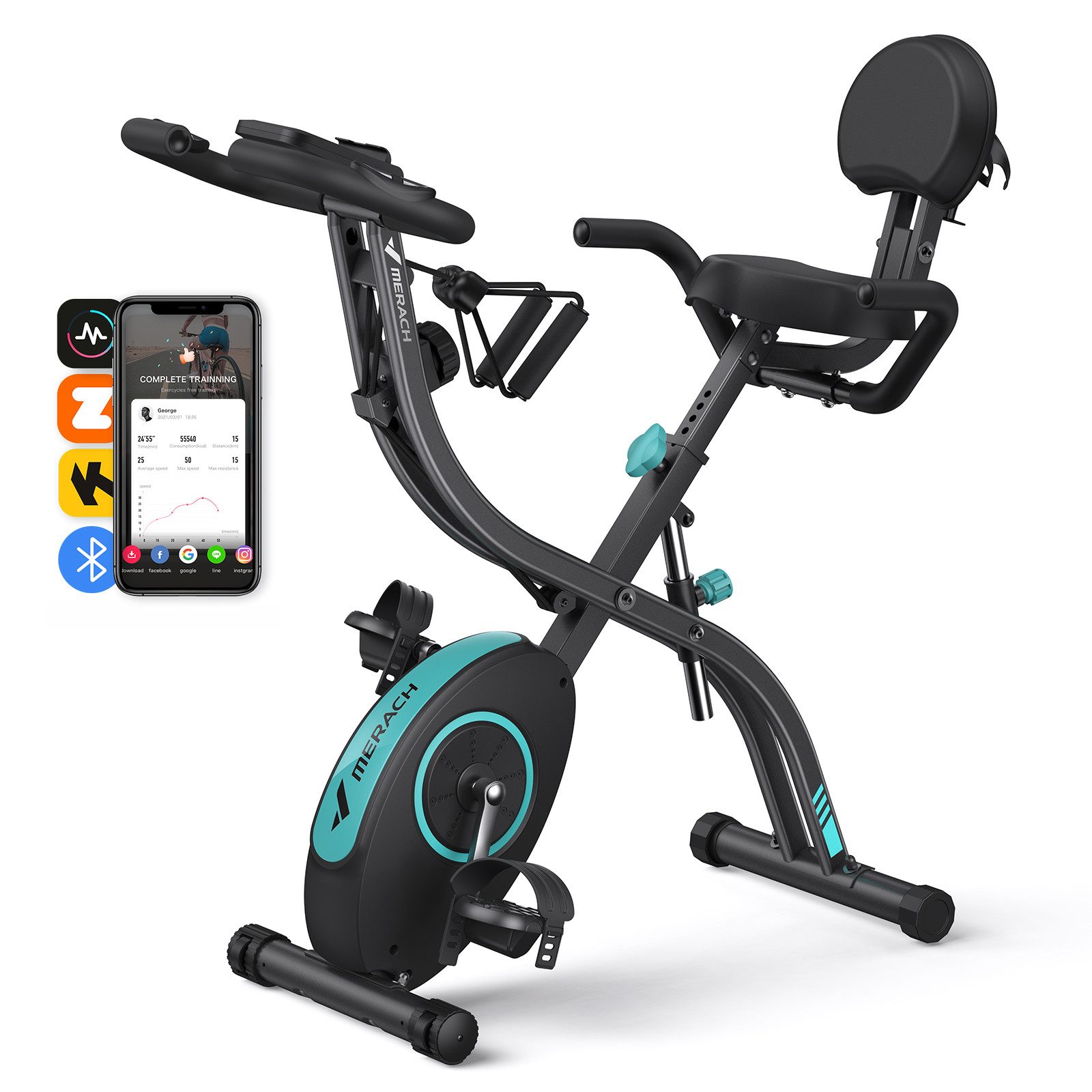 MERACH Fitnessbike Neu 4-in-1 Heimtrainer Fahrrad Klappbar, Extra Bequem & Leise, (mit 16 stufiger magnetischer Widerstand, Tabletständer, 1-tlg., Fahrrad Senioren mit LCD Monitor, Pulsmessung, Kompatibel mit Kinomap), Indoor Bike, Fitnessbikes, bis 136kg Belastbar Hometrainer Fahrrad