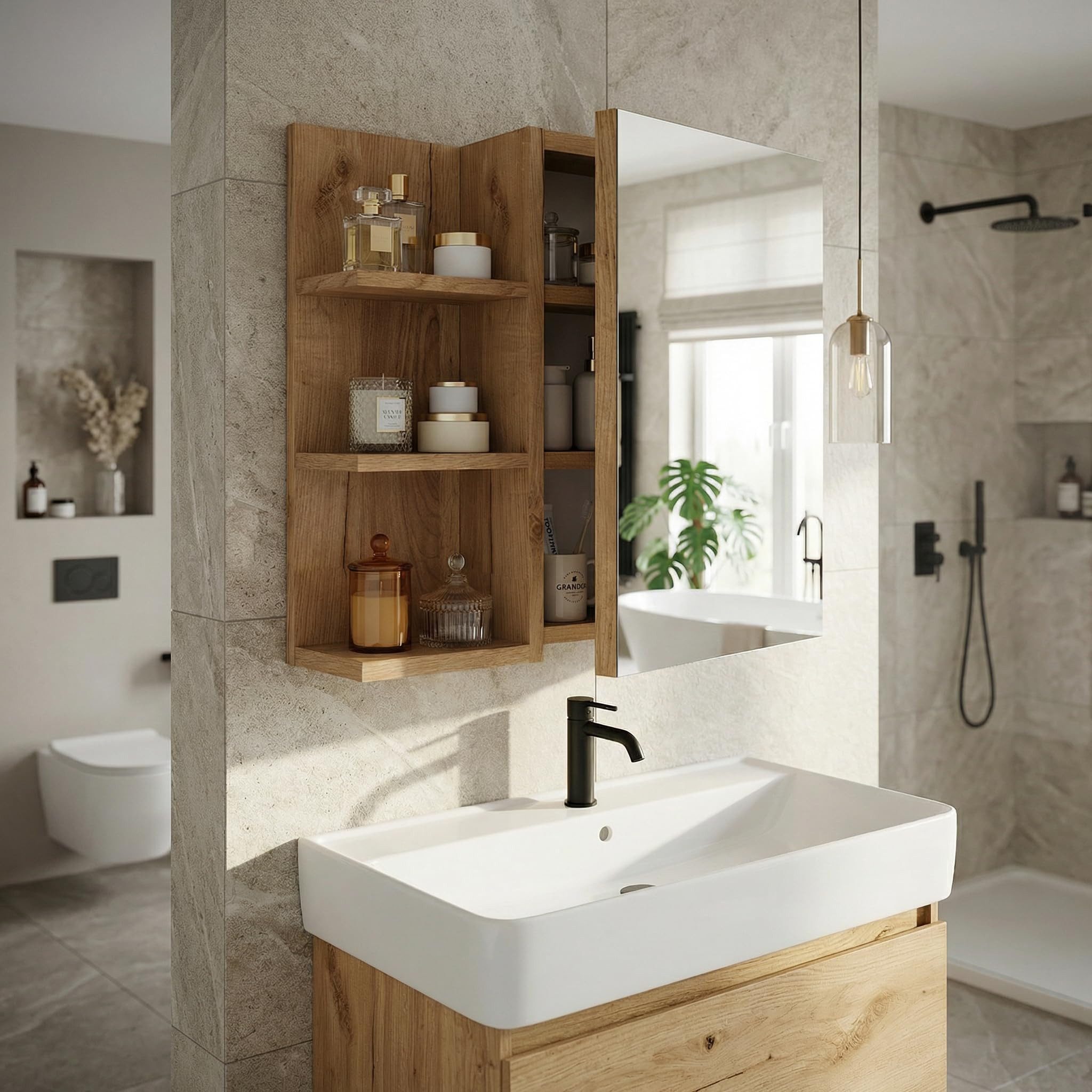 TREND WERK Spiegelschrank Badezimmer mit Ablage & Stauraum (59×16×50 cm Hängender Badezimmerschrank zur Wandmontage mit Regal) – modern & pflegeleicht – Bild 4 von 5