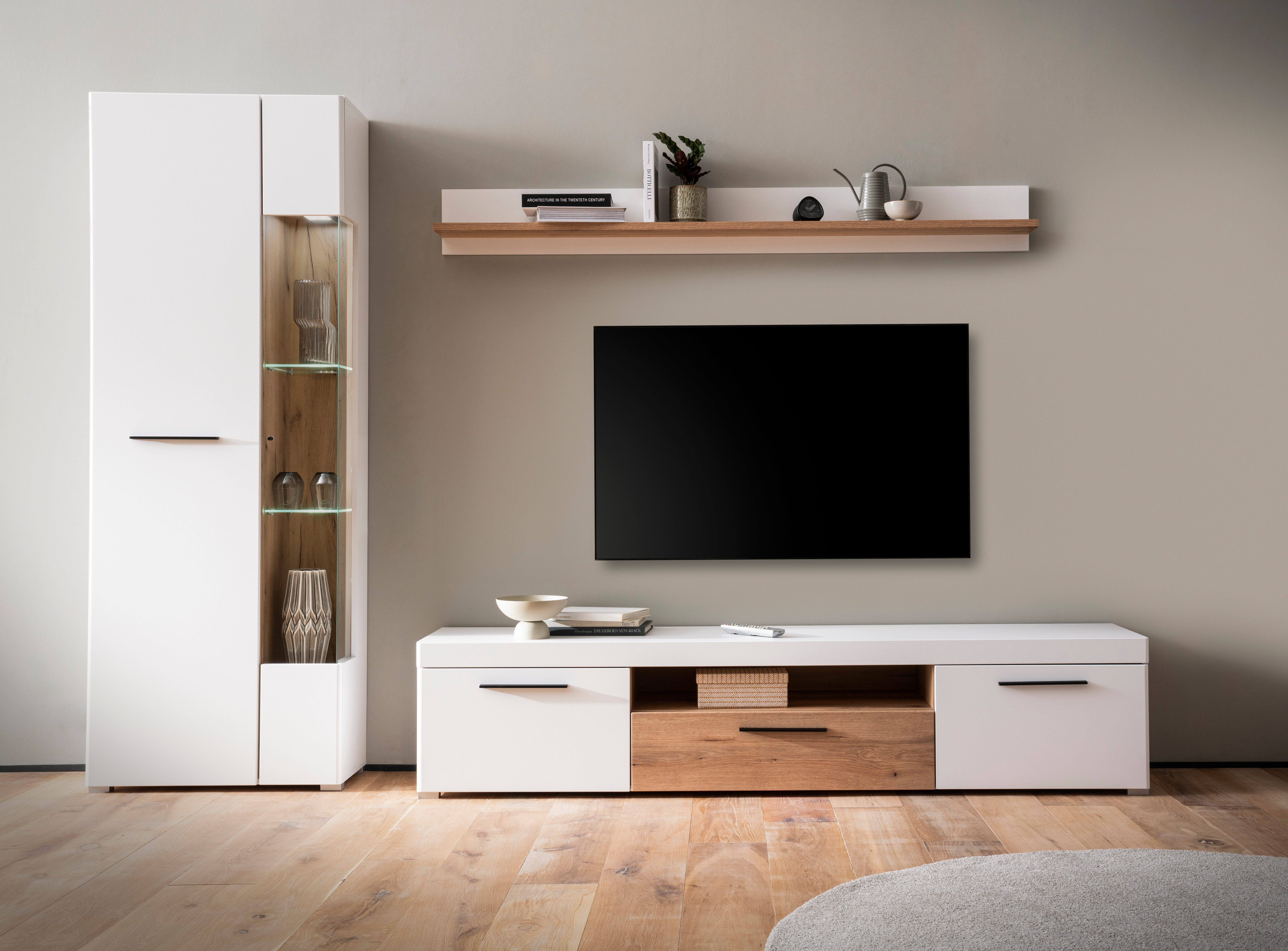 INOSIGN Wohnwand Salerno, moderne Anbauwand, Wohnzimmer-Set, Weiß mit Eiche günstig online kaufen