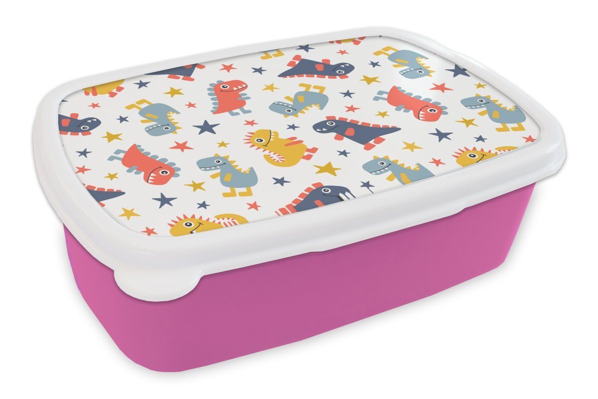 MuchoWow Lunchbox Muster - Dino - Sterne - Jungen - Baby - Kinder - Kinder, Kunststoff, (2-tlg), Brotbox für Erwachsene, Brotdose Kinder, Snackbox, Mädchen, Kunststoff rosa