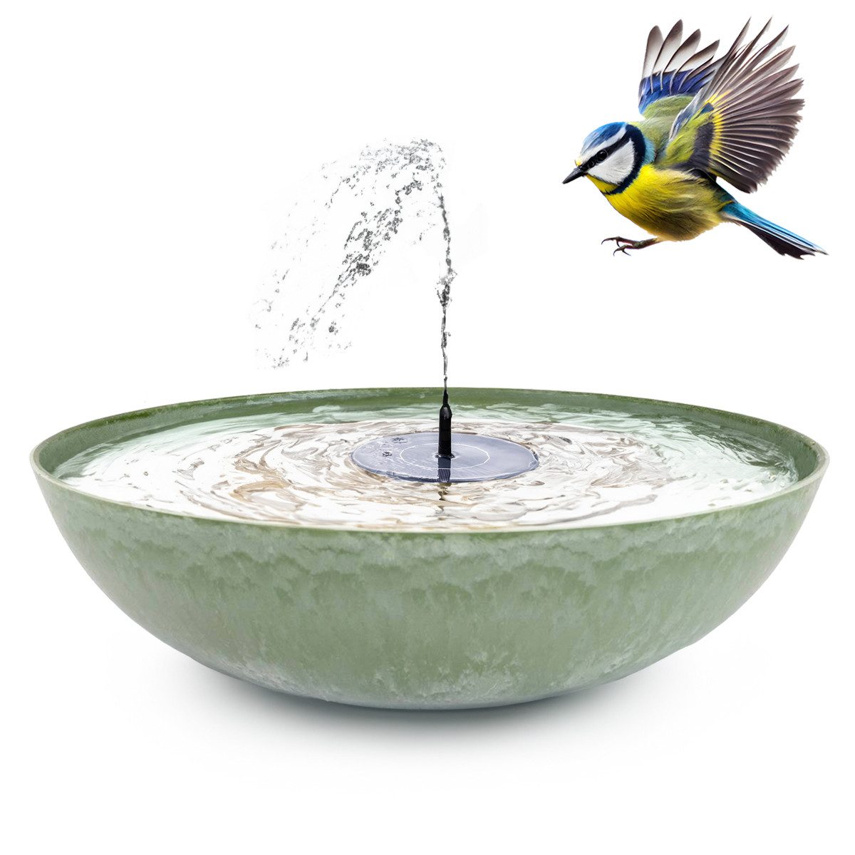 matches21 HOME & HOBBY Wasserspiel Solar-Brunnen Set für draußen - 45 cm Schale grün, (1 tlg), Wasser-Fontäne als Solar Spring-Brunnen Garten-Deko Vogeltränke