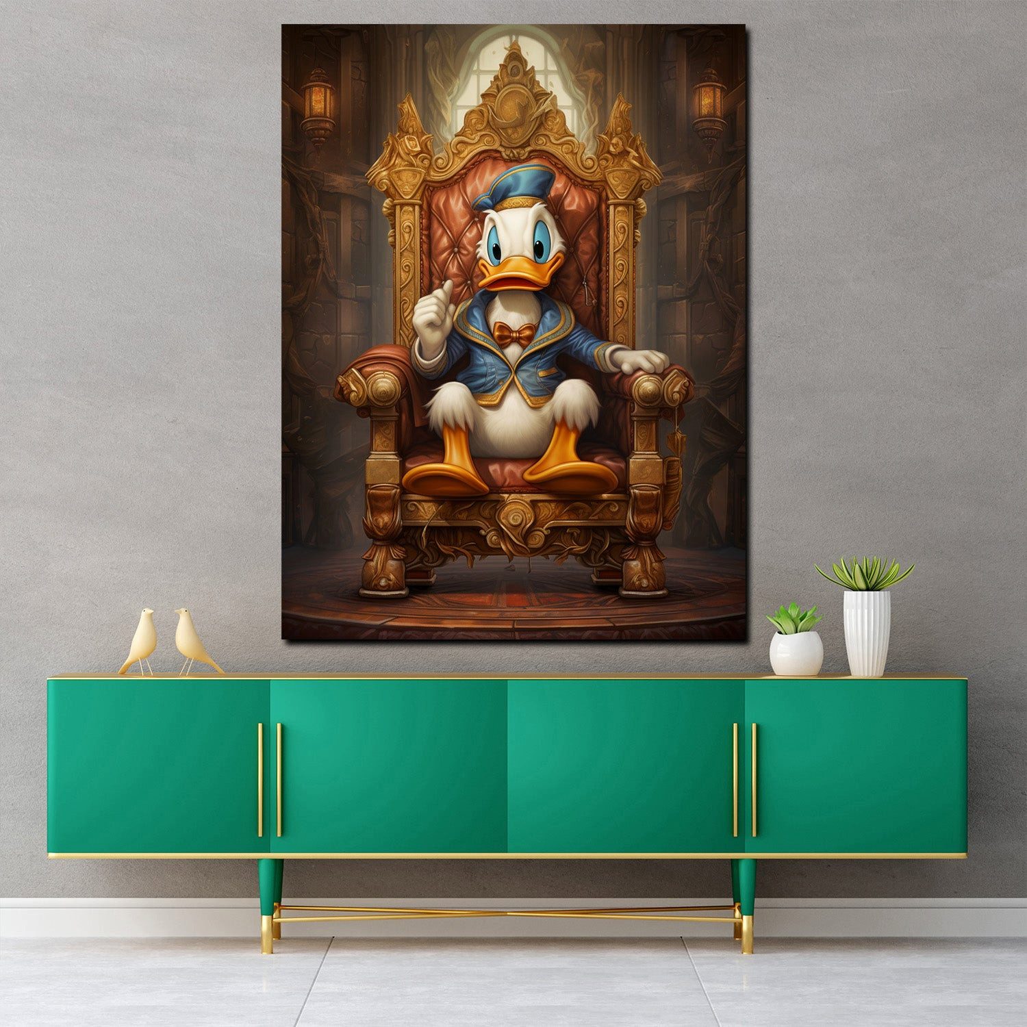 Artedinoi Leinwandbild Comic Duck King Leinwandbild Wandbild Kunstdruck XL Deko, Comic-Ente als König