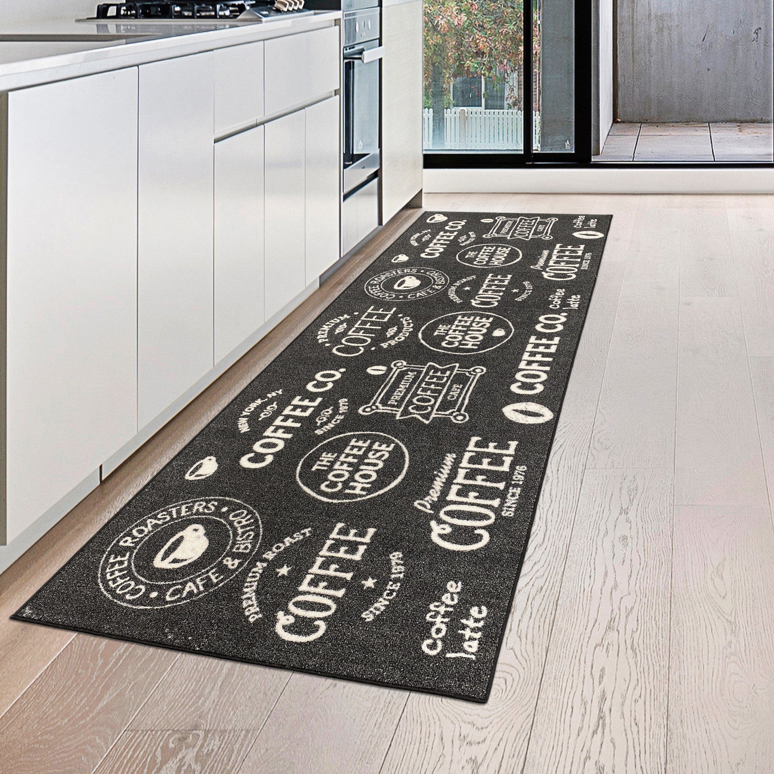 Teppich Küchenläufer schwarz mit Gelrücken und Schriftzug in weiß, Teppich-Traum, rechteckig, Höhe: 5 mm