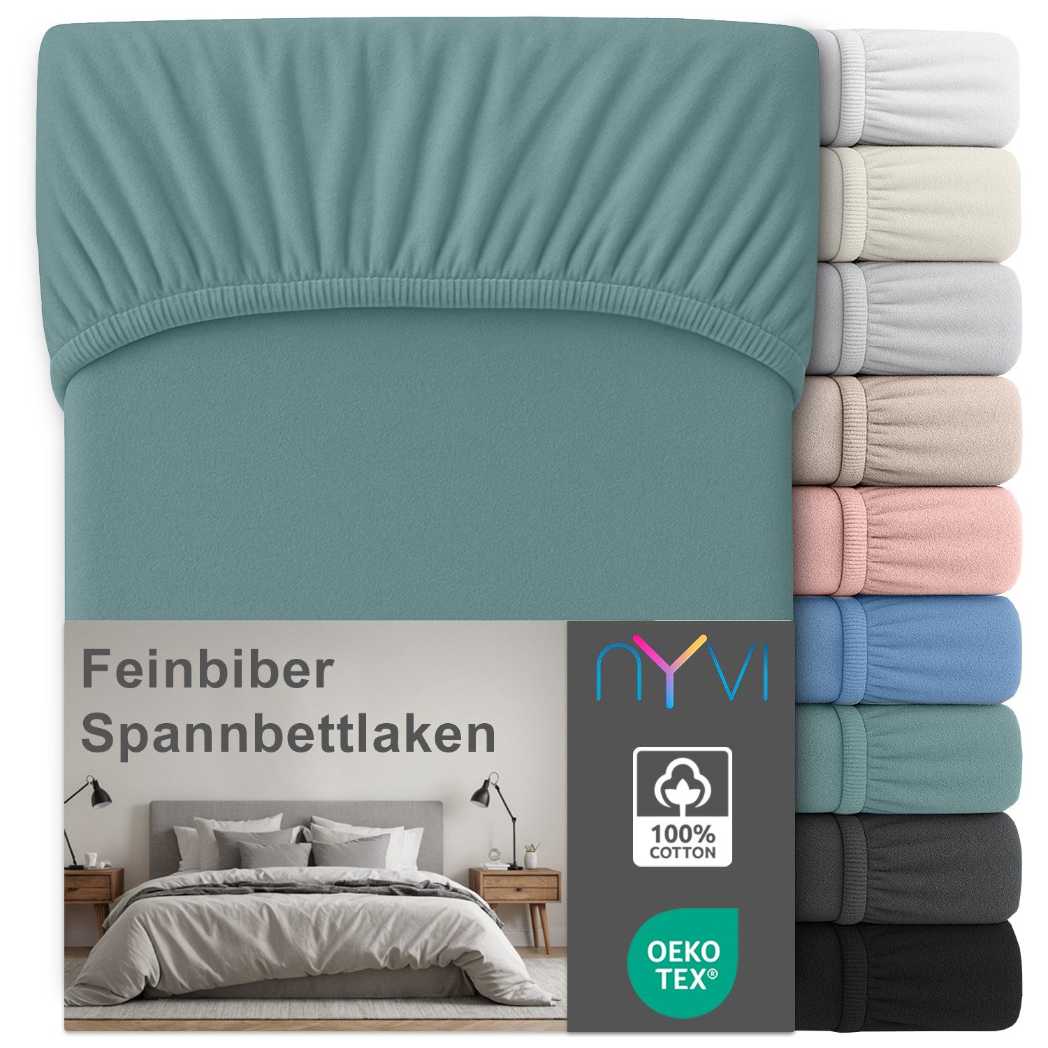 NYVI Spannbettlaken Feinbiber Spannbettlaken Deluxe für Matratzen bis 25 cm Steghöhe, Baumwolle, (1 Stück), 90x200 cm - Extra Warm & Weich 100% Baumwolle Bügelfrei Vorgekrumpft