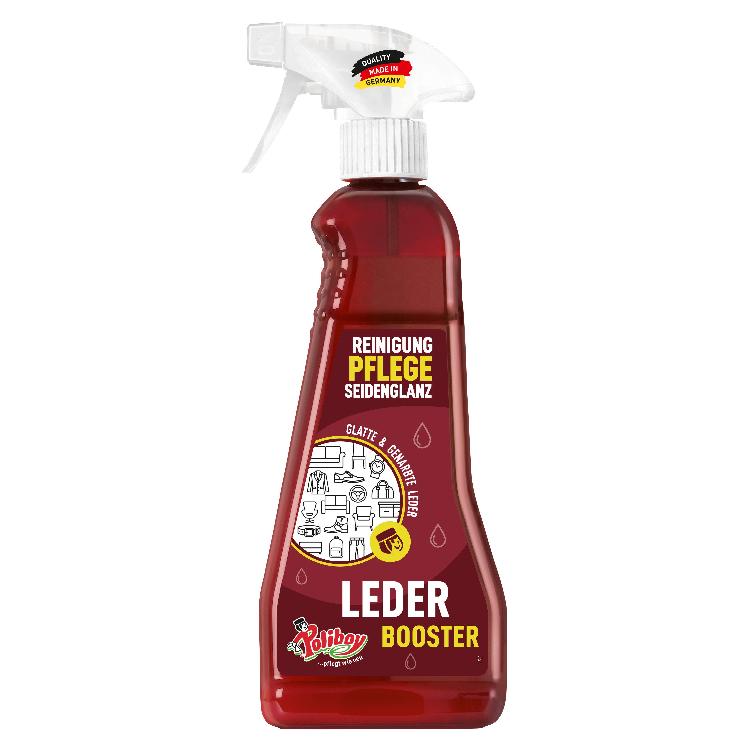 poliboy Leder Booster - 375ml Lederreiniger (Reinigung und Pflege für Möbel/Kleidung aus Leder - Made in Germany)
