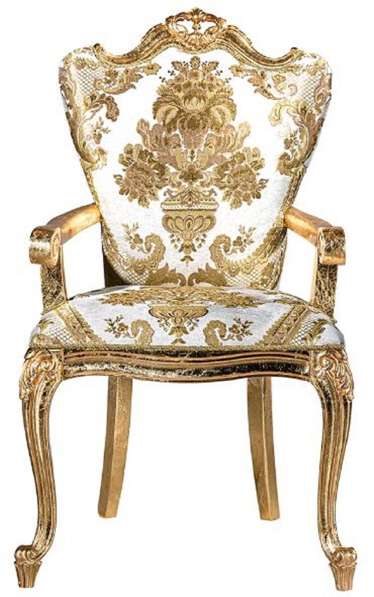 und & Küchen handgefertigte Luxus Casa / Gold Esszimmerstuhl Weiß Barock Möbel Esszimmerstuhl elegantem Muster Armlehnen 6 Barock Prunkvoll Esszimmer - - mit Edel Set - Stühle Padrino