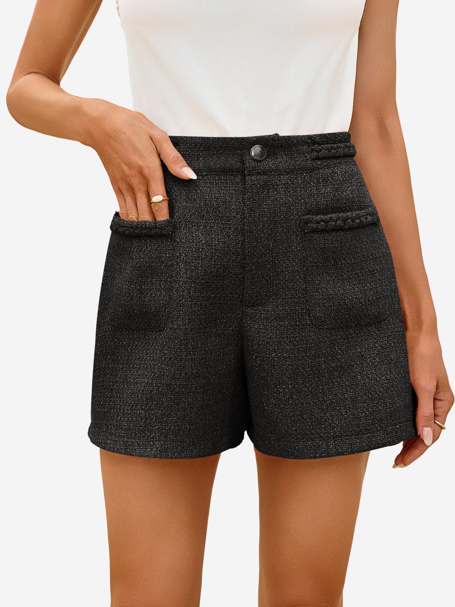 Imily Bela Shorts Damen Tweed Sommershorts mit hohem Bund (Packung, 1-tlg., 1per-Pack) mit Vordertaschen