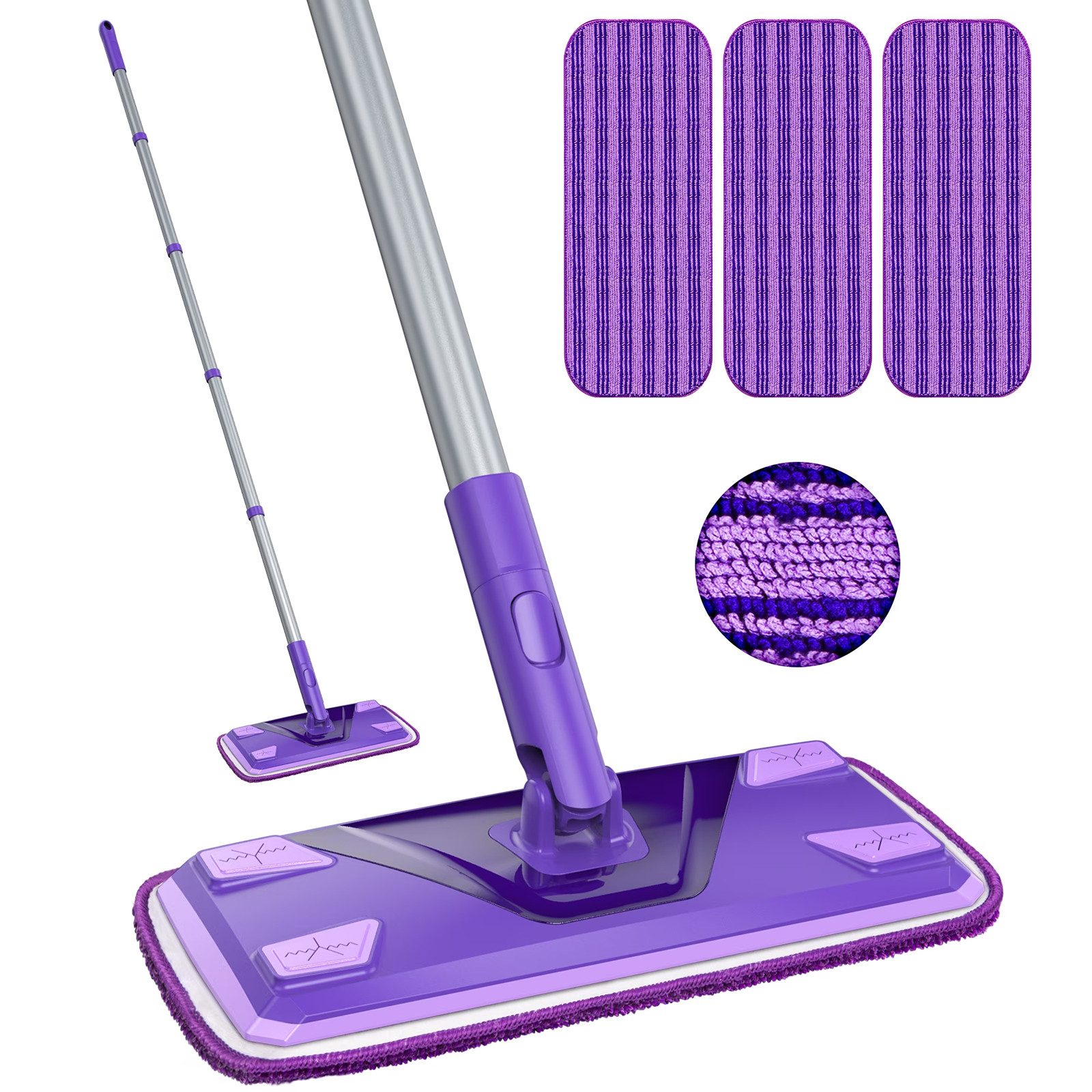 Wischmopp Bodenwischer Set mit 3 Ersatzbezug Mikrofaser Pads und Teleskopgriff