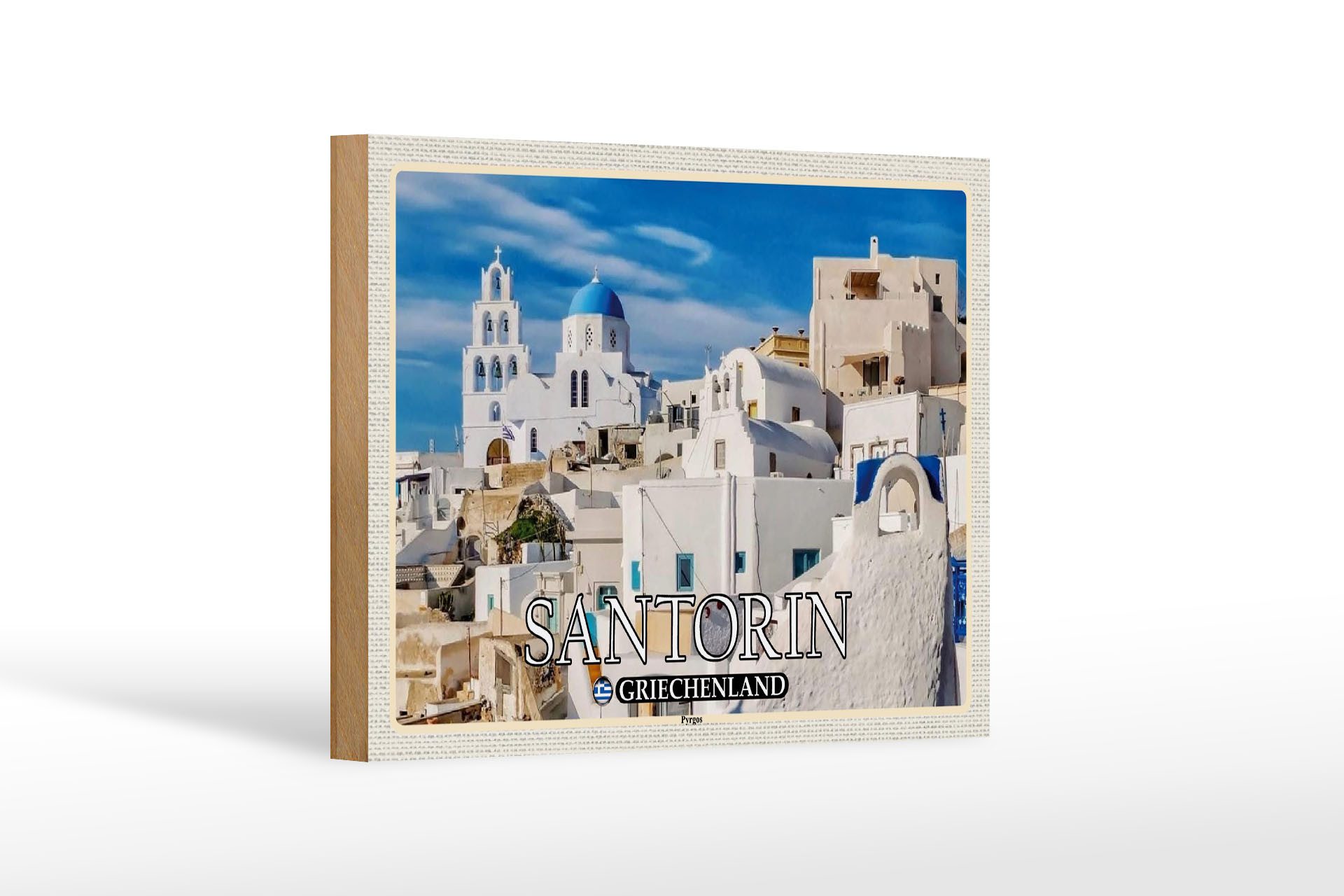 Holzbild Reise 18x12 cm Santorin Griechenland Pyrgos Dorf