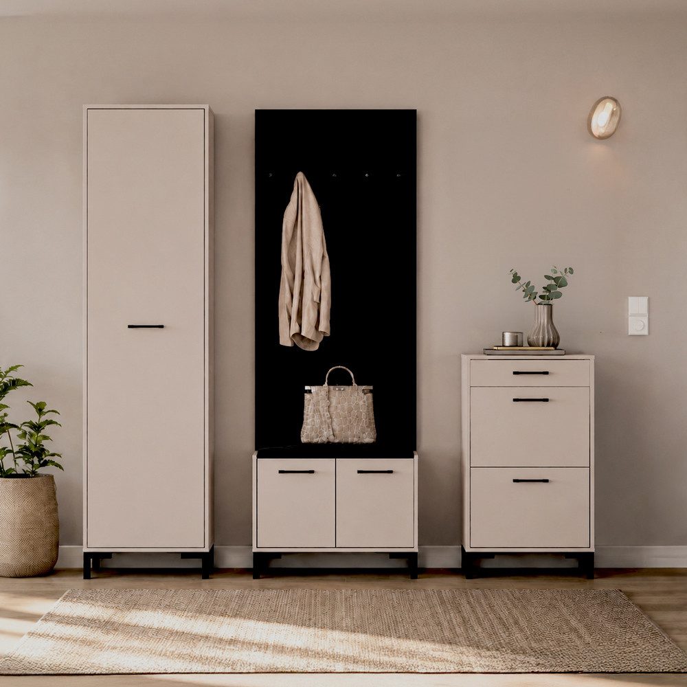 Lomadox Garderoben-Set OLHAO-131, (Spar-Set, 4-St., Garderobenschrank Paneel Schuhbank Schuhschrank), in Kaschmir Beige, schwarze Velours-Details, modern
