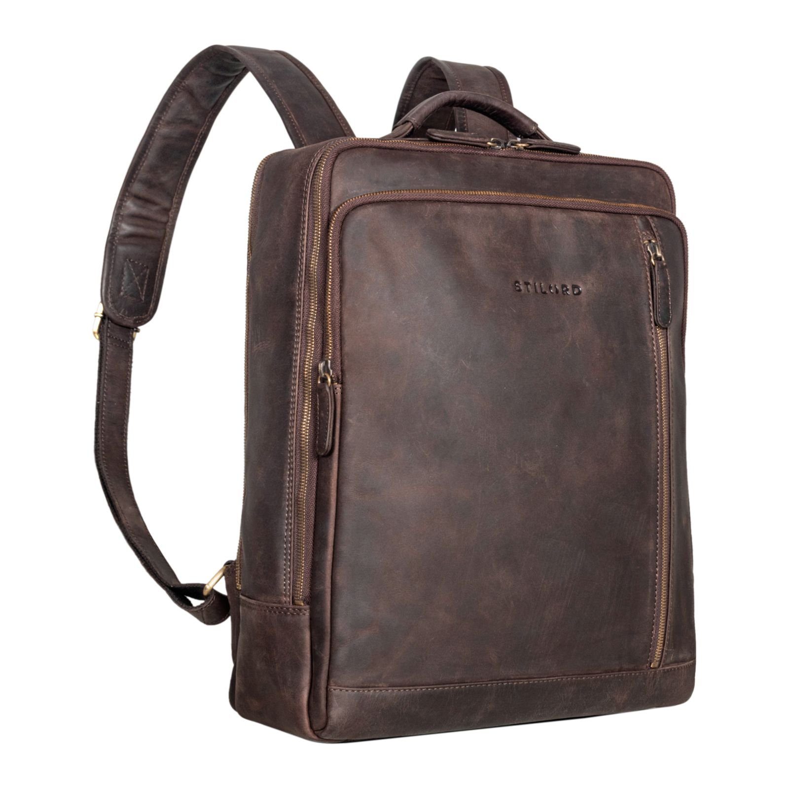 Notebook-Rucksack dunkel Laptoprucksack braun "Kaleb" STILORD - Leder