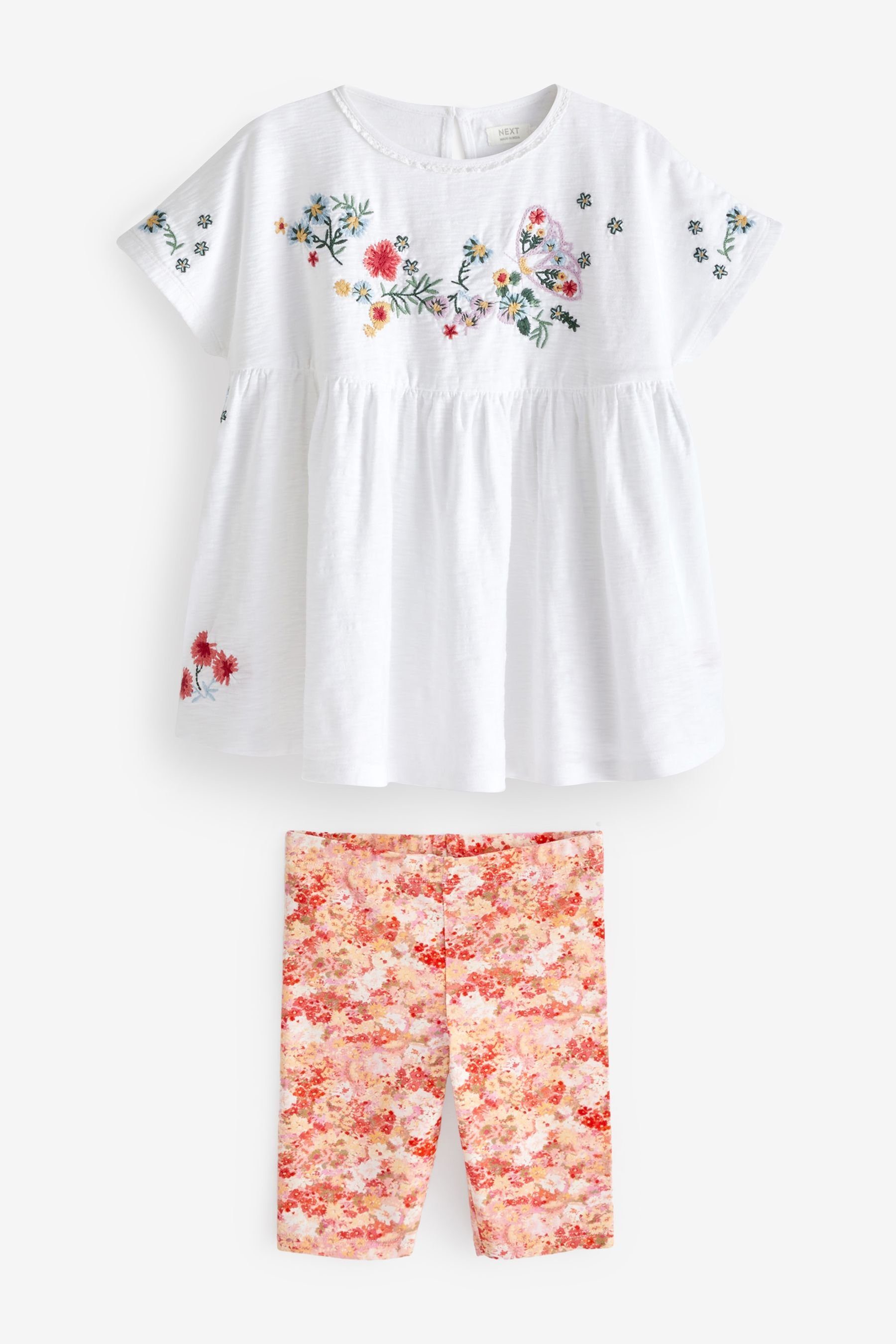 Set Ecru (2-tlg) mit Oversized-T-Shirt T-Shirt Shorts und Floral Next & Radlerhose Embroidered