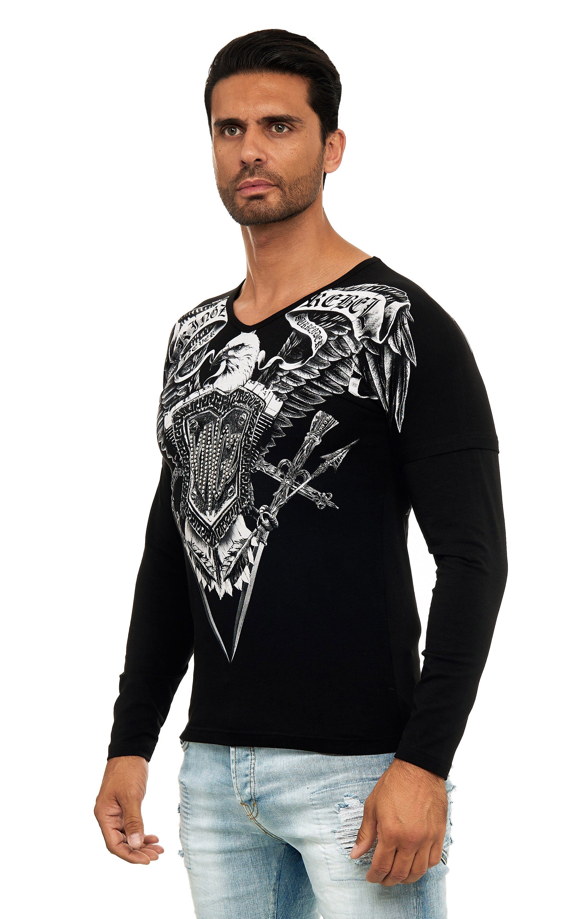 Adler-Motiv mit schwarz-silberfarben Langarmshirt in KINGZ Body-Fit