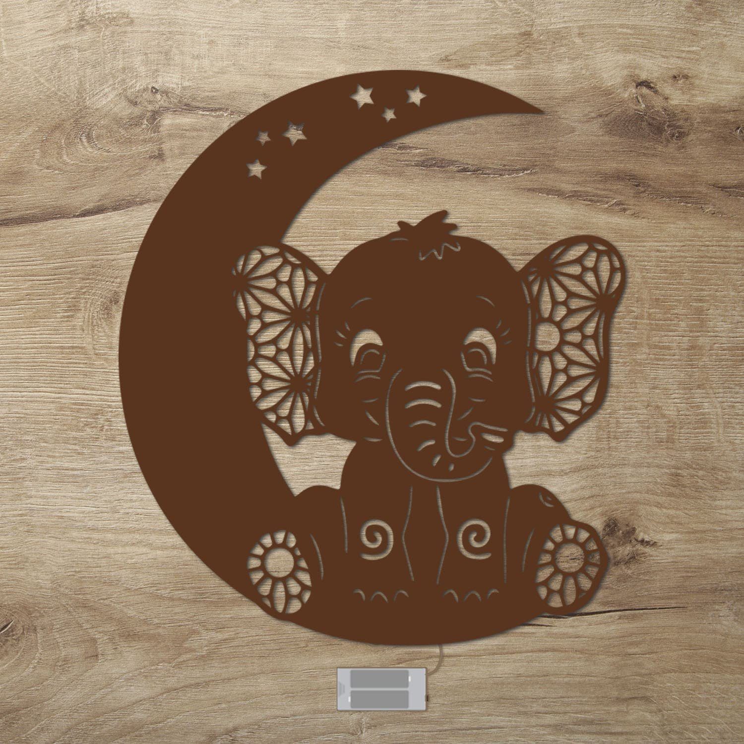 Namofactur LED Nachtlicht Elefant auf Mond - Schlaflicht mit Elefanten Motiv für Kleinkinder, Ohne Zugschalter, LED fest integriert, Warmweiß, Wanddekoobjekt Kinderzimmer Leuchte batteriebetrieben Braun
