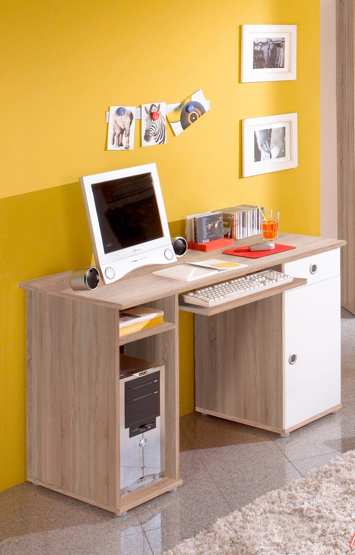 möbel-direkt.de Jugendzimmer-Set Wiki in Eiche Sonoma und Weiß, (Spar Set, 4-tlg., Kleiderschrank + Funktionsbett 90x200cm + Schreibtisch + Standregal), Funktionsbett mit Nachttisch und Bettschubkästen, Schrank mit Spiegel