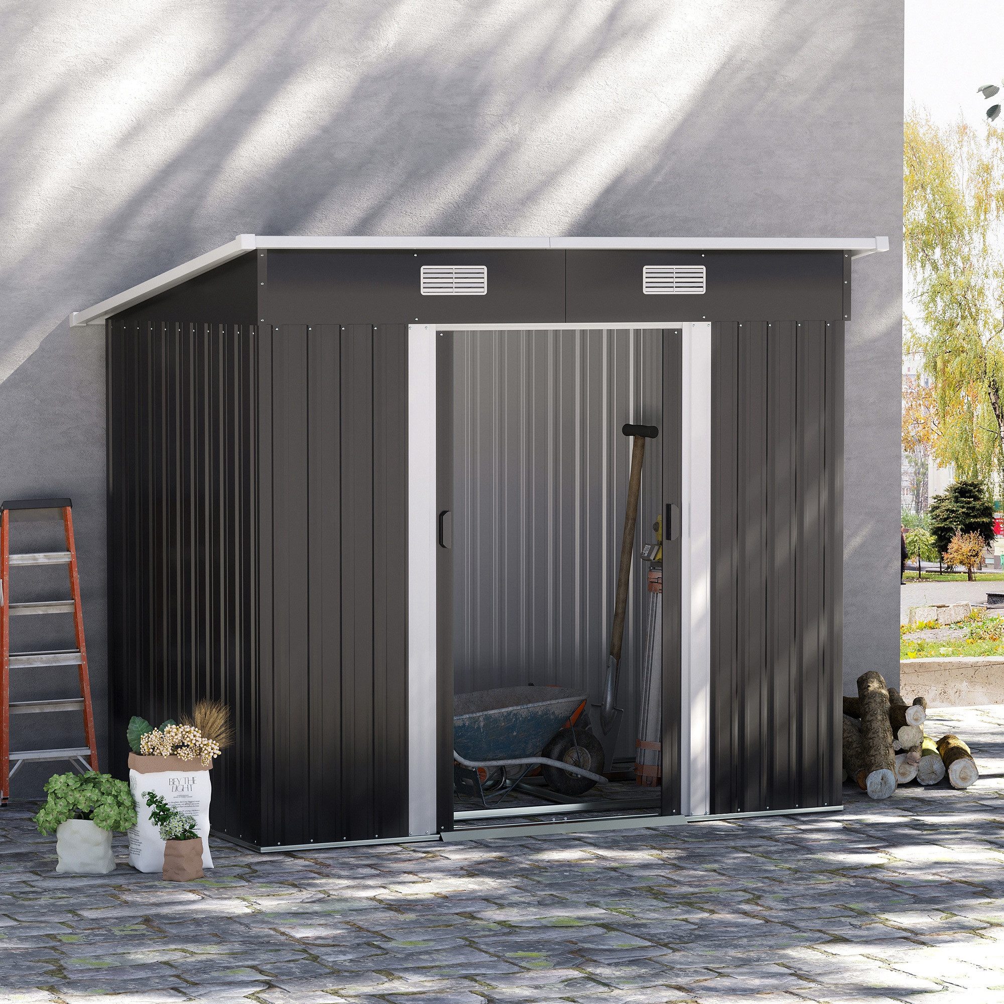 Thumbnail - Outsunny Gerätehaus 2,3 m², mit Pultdach, Fenster, Fundament, Schiebetüren, BxT: 207x130 cm, (Geräteschuppen aus Metall,...