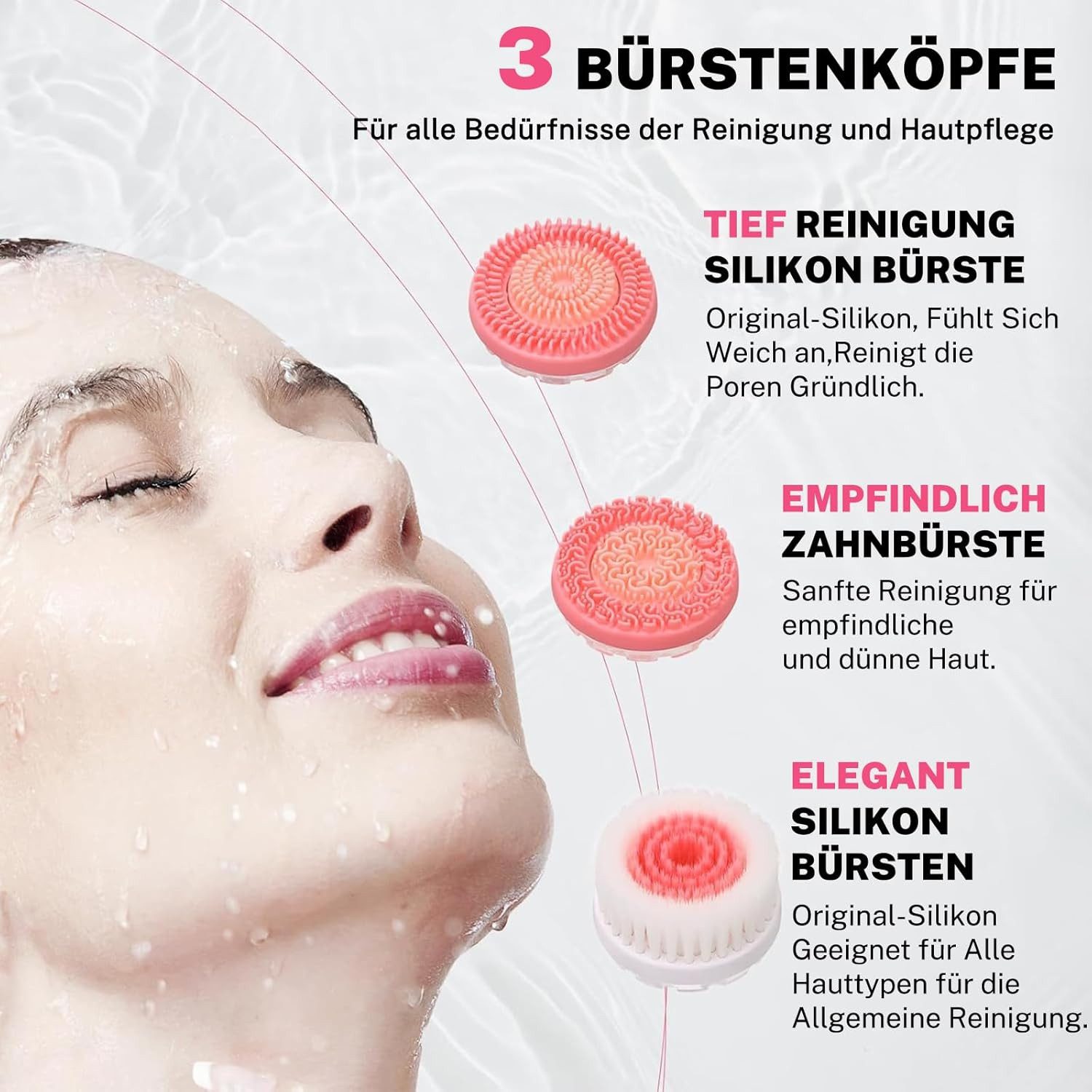 MOPUEA Elektrische Gesichtsreinigungsbürste 3 in 1 motorisierte Reinigungsbürste mit 3 Bürstenköpfen