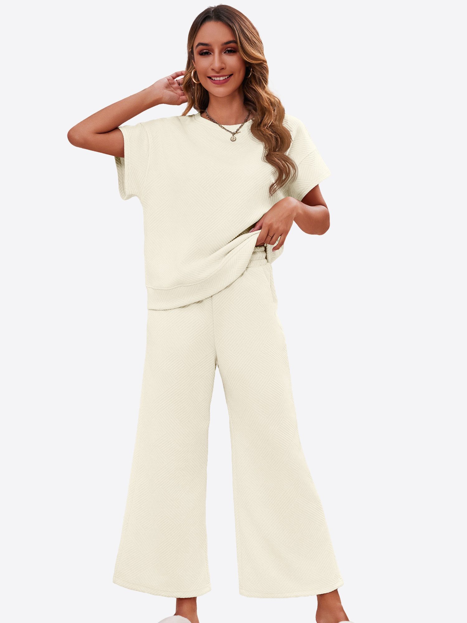 Imily Bela Hausanzug Damen Loungewear-Sets (Set, 1 tlg., Kurzarmtops + Cropped-Hosen mit weitem Bein) einfarbig