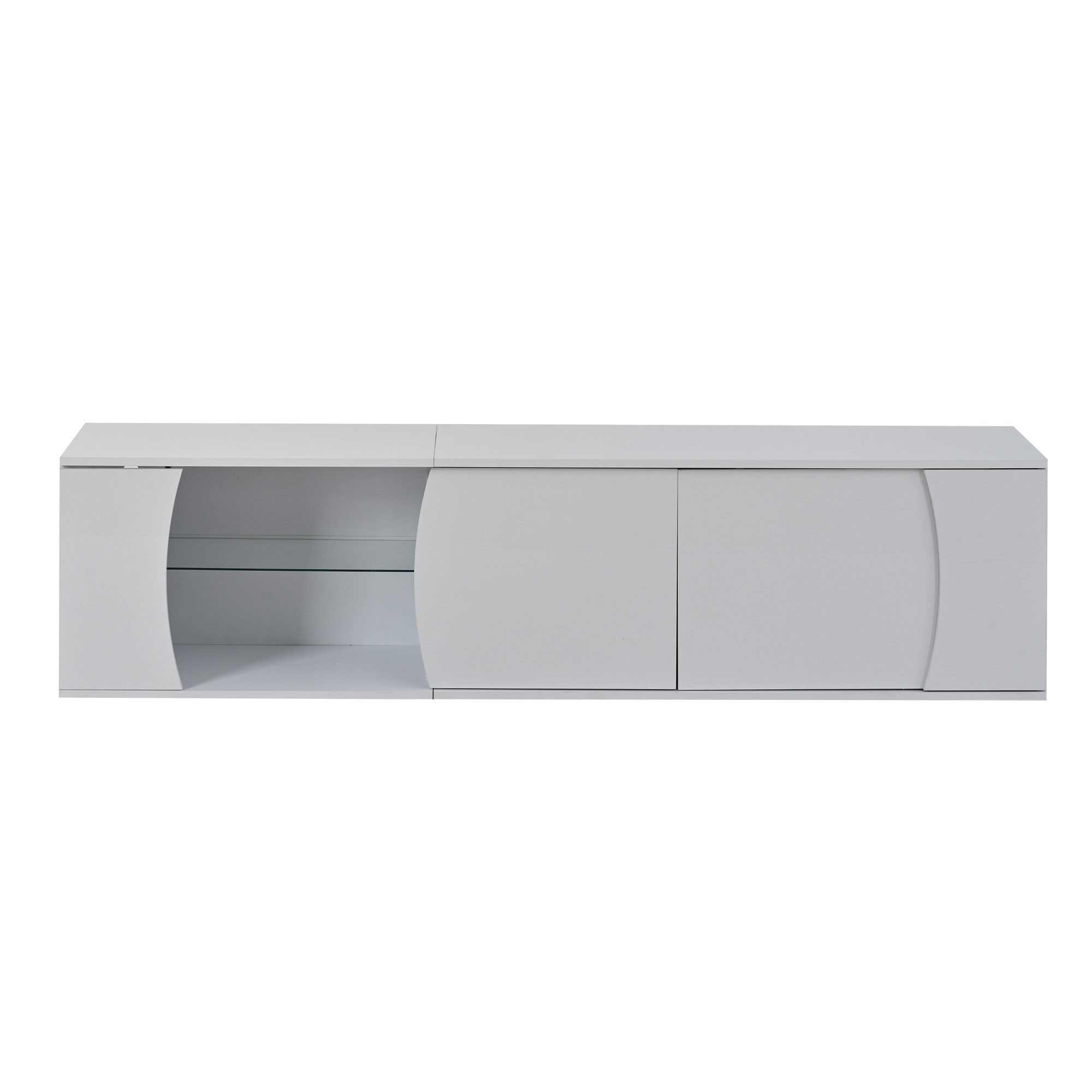 KLAM HOME Lowboard Weißer TV-Schrank 180cm mit LED & Glas, passend für 80-Zoll-Fernseher (Modernes Lowboard mit Hochglanz-Oberfläche und praktischem Stauraum), Stilvoller TV-Ständer mit LED-Beleuchtung für Ihr Wohnzimmer