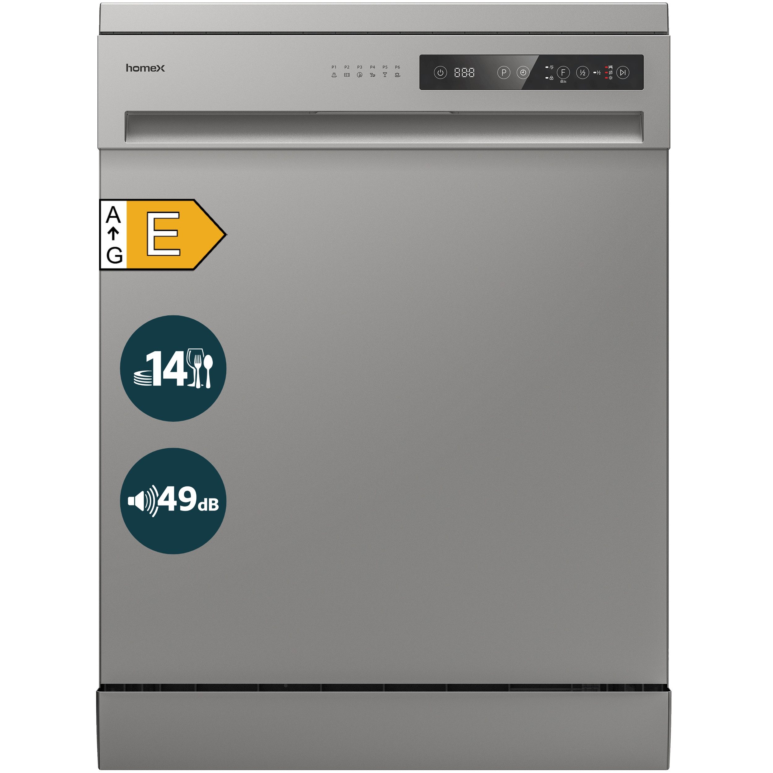 homeX Standgeschirrspüler DWFS601449E-S, 12 l, 14 Maßgedecke, Spülmaschine freistehend 60 cm, 14 Gedecke, AquaStop, unterbaufähig
