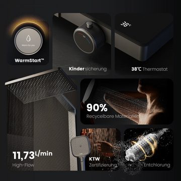 EMKE Duschsystem Brausegarnitur mit Thermostat Bluetooth-Steuerung Entwässerung, Höhe 113 cm, 4 Strahlart(en), Regendusche,Kinderdusche,Bluetooth,Anthrazit Matt