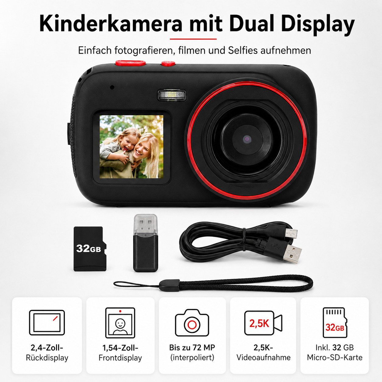Tekoo Kinderkamera Dual Display, 72MP Digitalkamera mit 32GB SD Karte Kompaktkamera (AF-Objektiv, 72 MP, 1x opt. Zoom, inkl. Inklusive 32GB Micro-SD Speicherkarte, Kartenlesegerät, USB-Kabel, MP3-Player-Funktion, Selfie-Display auf der Vorderseite)