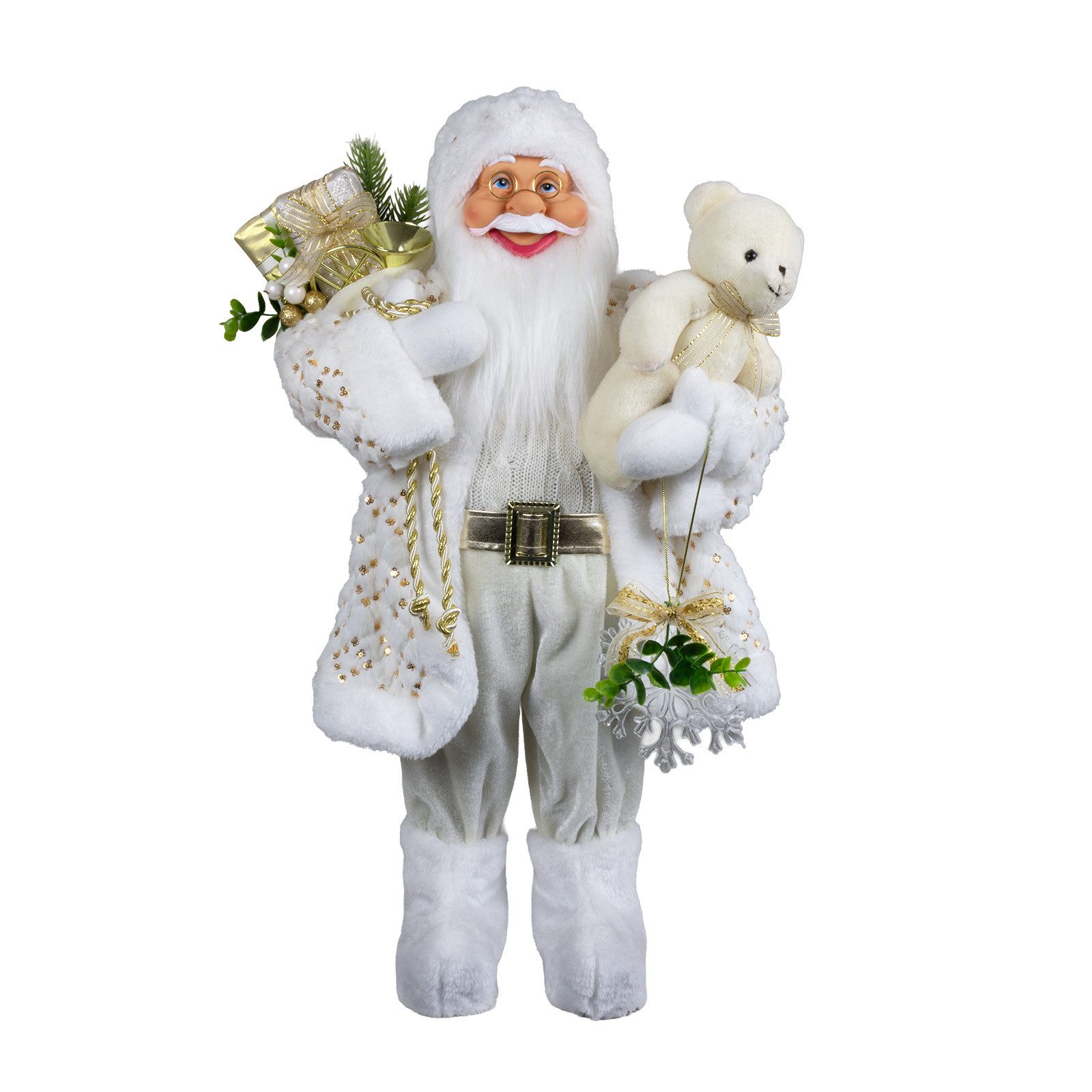 Christmas Paradise Weihnachtsmann stehend 60cm (Santa, 1 St., stehend), weiß-gold mit Teddybär