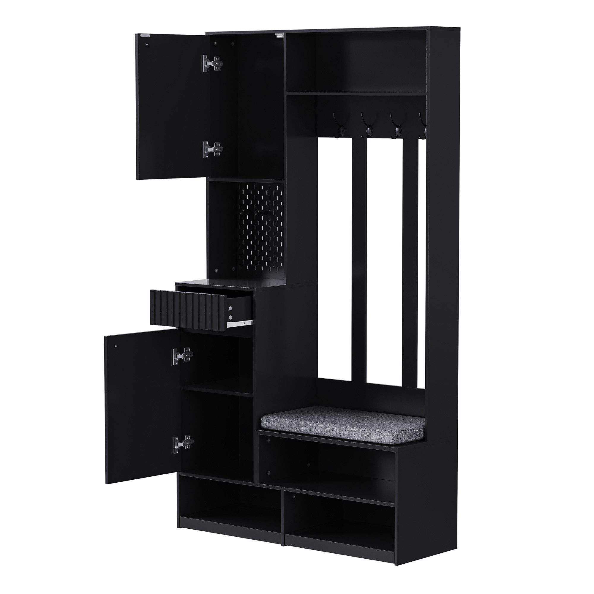 Flieks Garderoben-Set mit Schuhschrank, Sitzbank, 4 Haken, Pegboard, Türen & Schubladen, (1-St., 100×180×35 cm (B×H×T), Garderobenständer mit Schuhregal, Sitzfl – Bild 5 von 5