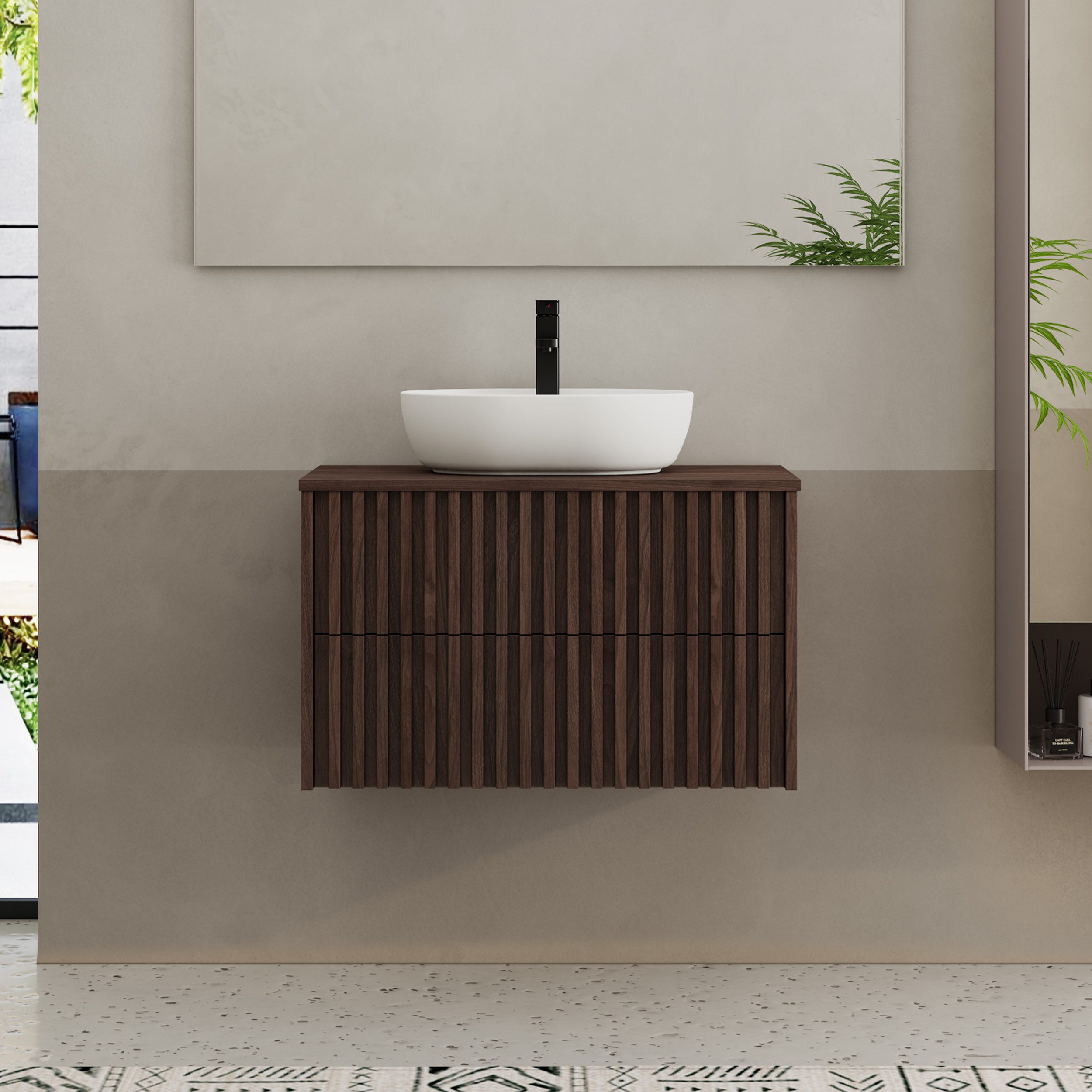UEV Waschtisch mit Unterschrank hängend Ovales Keramikwaschbecken (Komplett-Set Badmöbel, Badezimmmer Schrank, mit Wasserhahn und Pop-up-Ablassventil Aufsatz-Wa – Bild 3 von 5