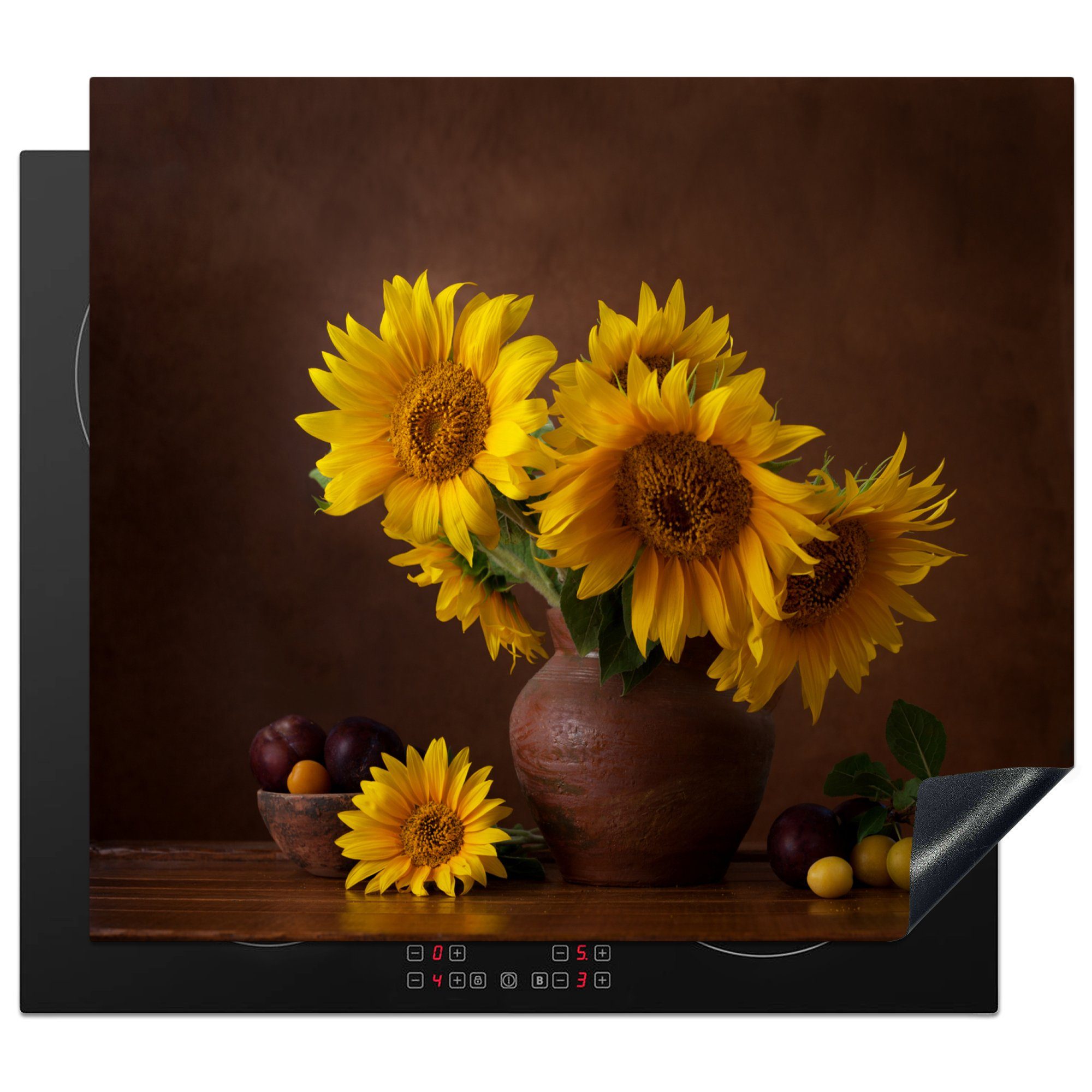 - - Sonnenblumen küche, Herdblende-/Abdeckplatte (1 MuchoWow Ceranfeldabdeckung Vinyl, Vase tlg), für cm, Induktionsmatte Stilleben, die 59x52