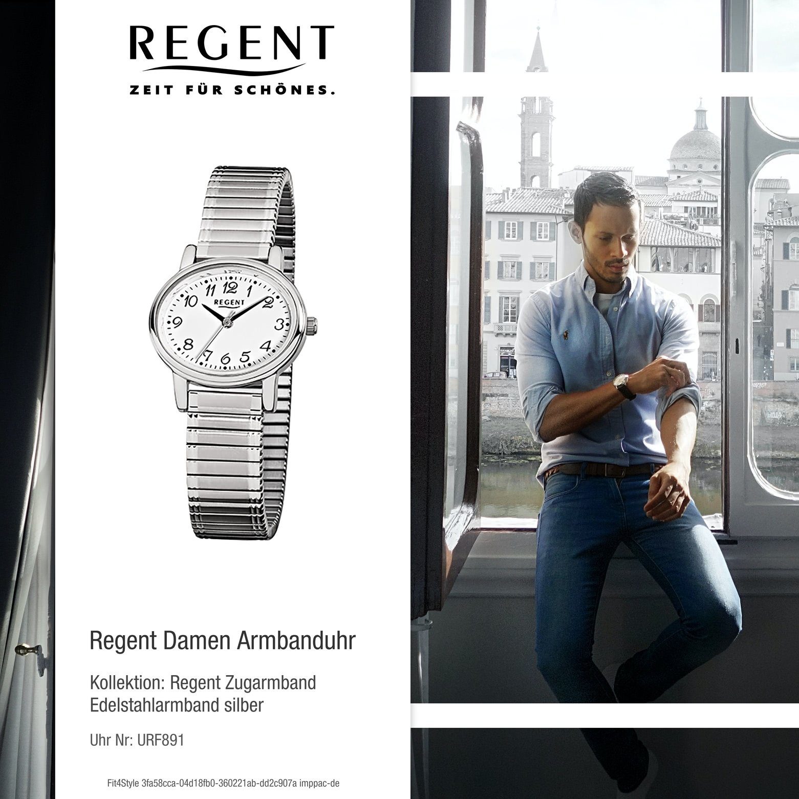 Regent Quarzuhr Armbanduhr Damen (ca. Regent oval, Analog 30x25mm), Damen-Armbanduhr F-891, Edelstahlarmband klein silber