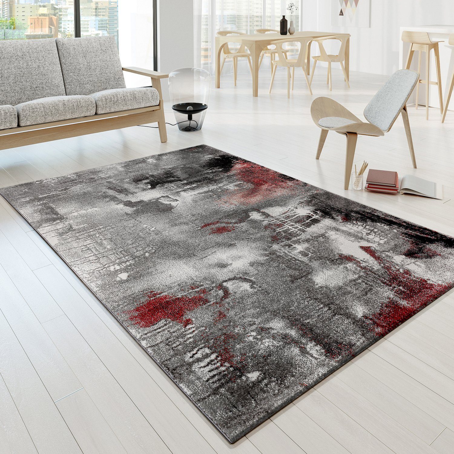 Teppich Wohnzimmer Teppich Bunt Kurzflor Soft Modern Abstrakte Designs, TT Home, rechteckig, Höhe: 16 mm grau-rot
