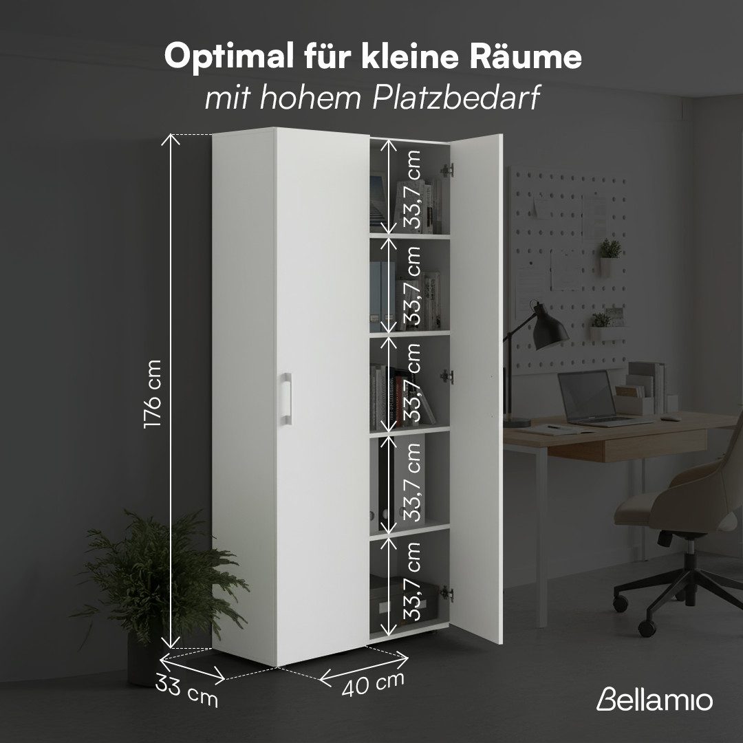 Bellamio Mehrzweckschrank Apol (Weiß) schmaler Aktenschrank mit 2 Türen & 5 Fächern, robust & kratzfest