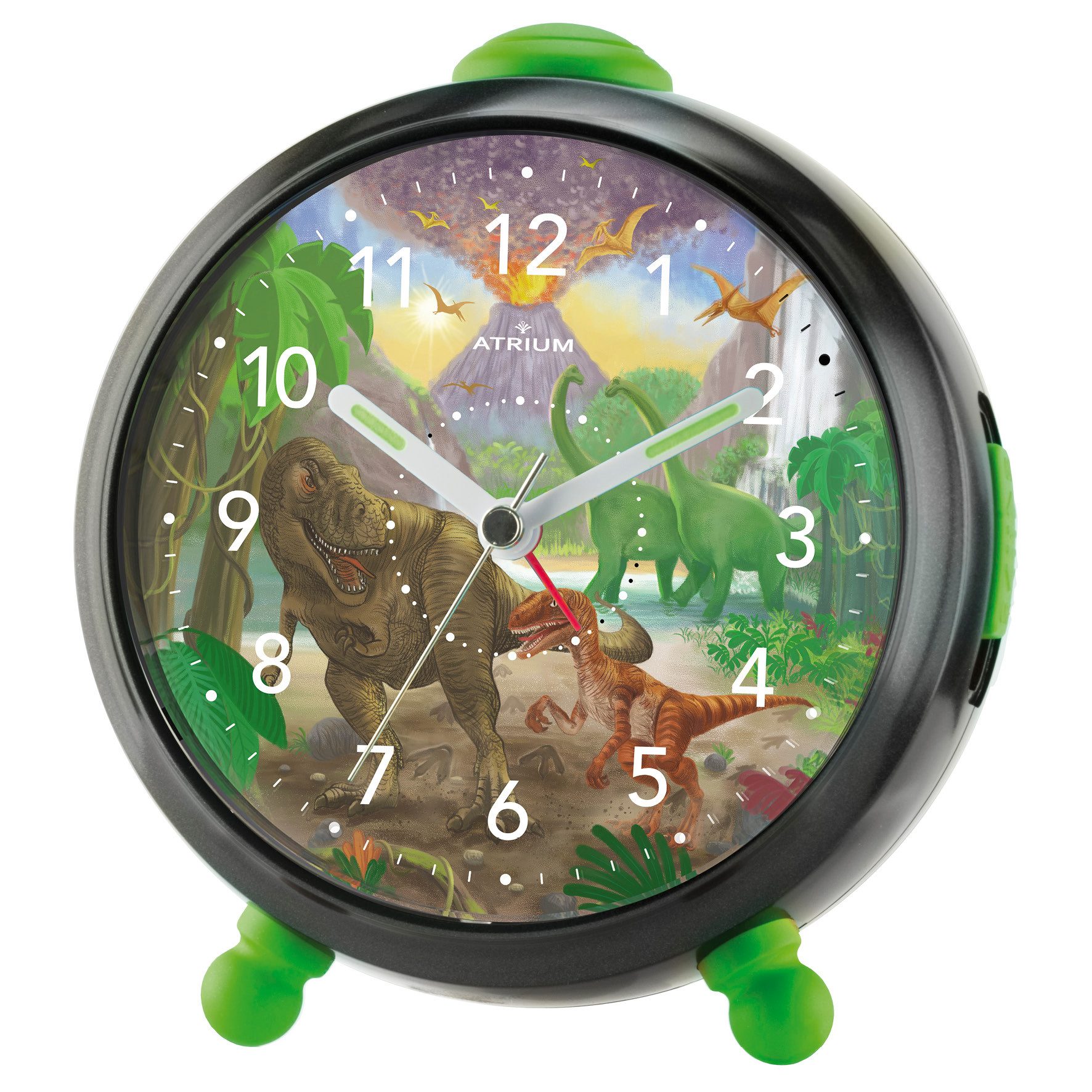 Atrium Kinderwecker A932-4 T-Rex Time Analog Quarz leise Licht Snooze Jungen Dino Schwarz Geschenk Ø10,5cm