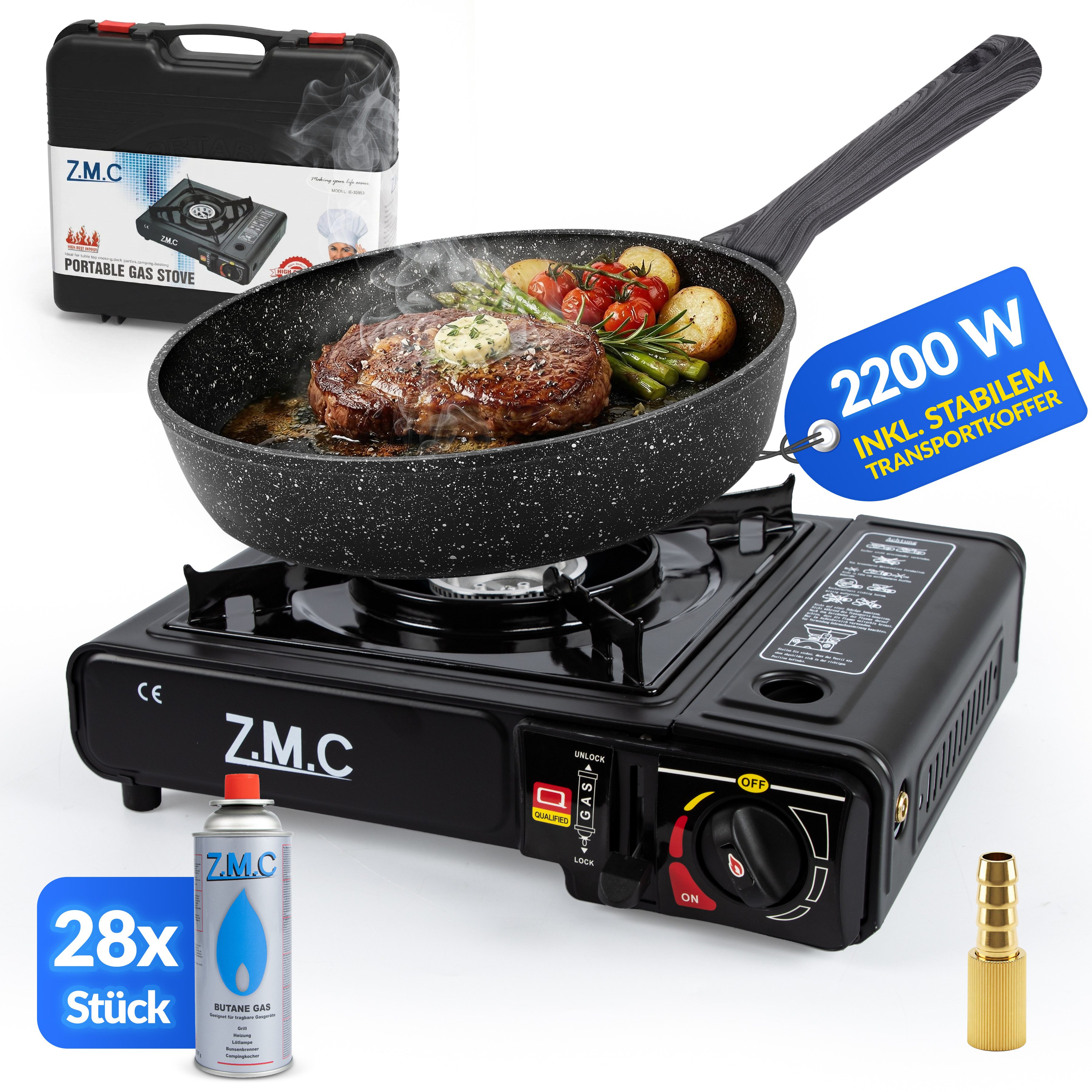 ZMC Gaskocher Gaskocher 1-flammig + Aufbewahrungskoffer + 28x Gaskartuschen 227g, (Butangas Campingkocher für Innenraum/Outdoor, Campinggaskocher 2,2 kW mit Piezozündung), Kochfeld Herd Gaskocher mit Kartusche, Gaskochfeld für Camping