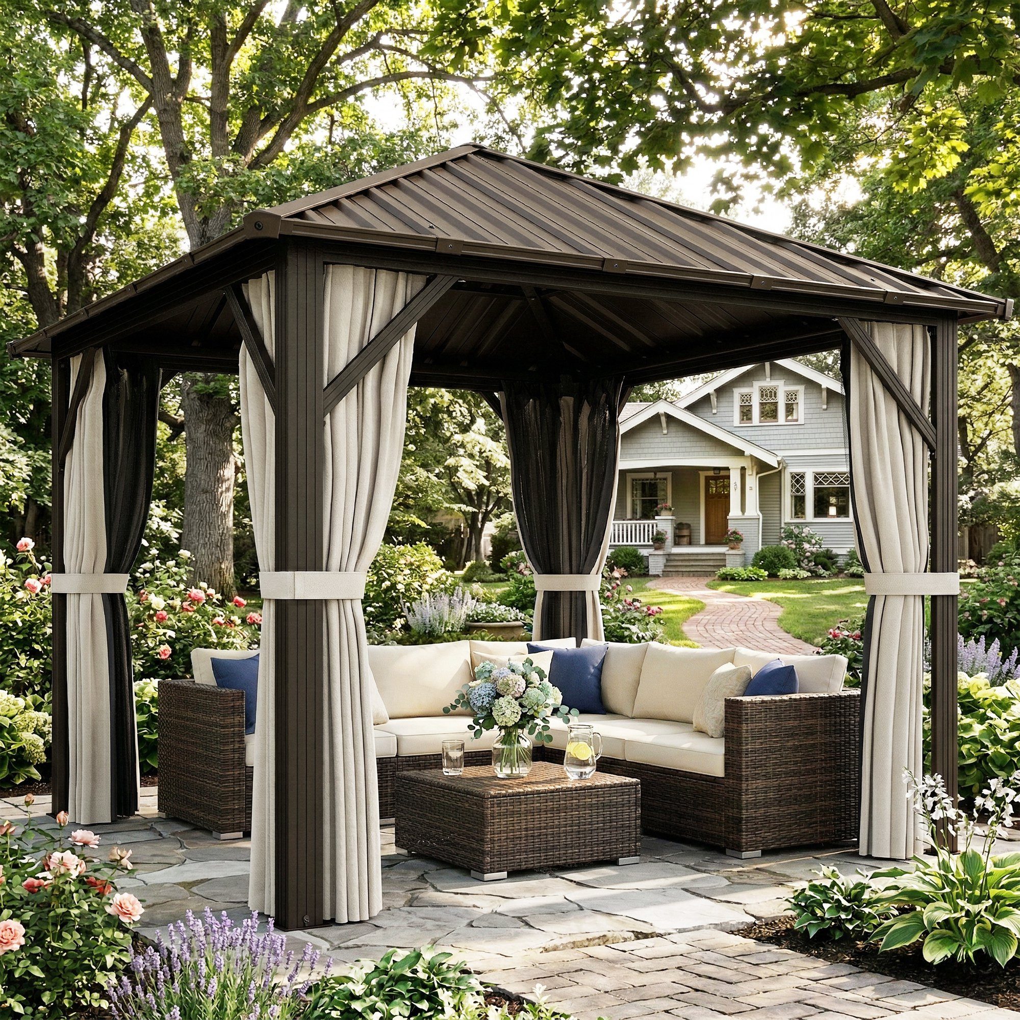 Outsunny Pavillon mit Stahldach, Hardtop, Moskitonetz, 4 Seitenteile, mit 4 Seitenteilen, (Gartenpavillon, Pergola), für Garten Terrasse Braun