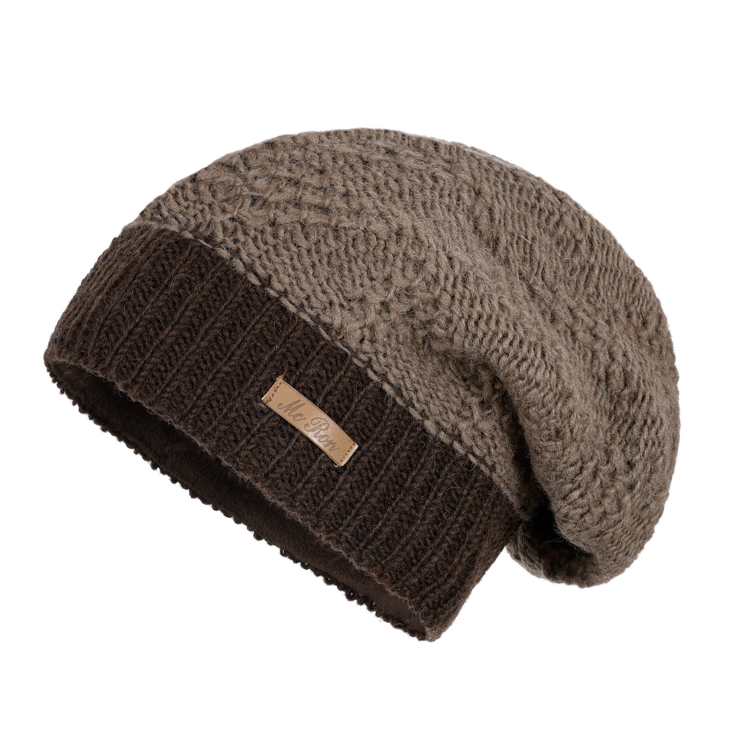 McRon Beanie mit gefüttert Modell Erdbraun hoher Fleece, Wollmütze Lina 2farbig Schurwollanteil