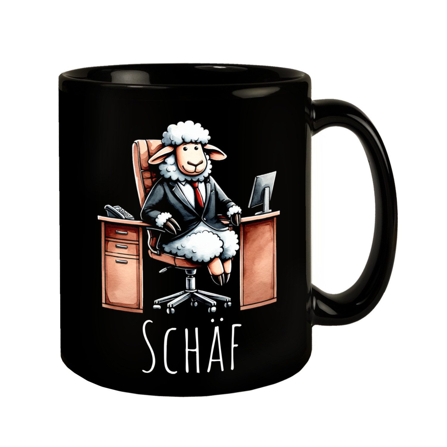 Tasse Schaf Chef im Chefsessel Tasse in Schwarz mit Spruch Schäf