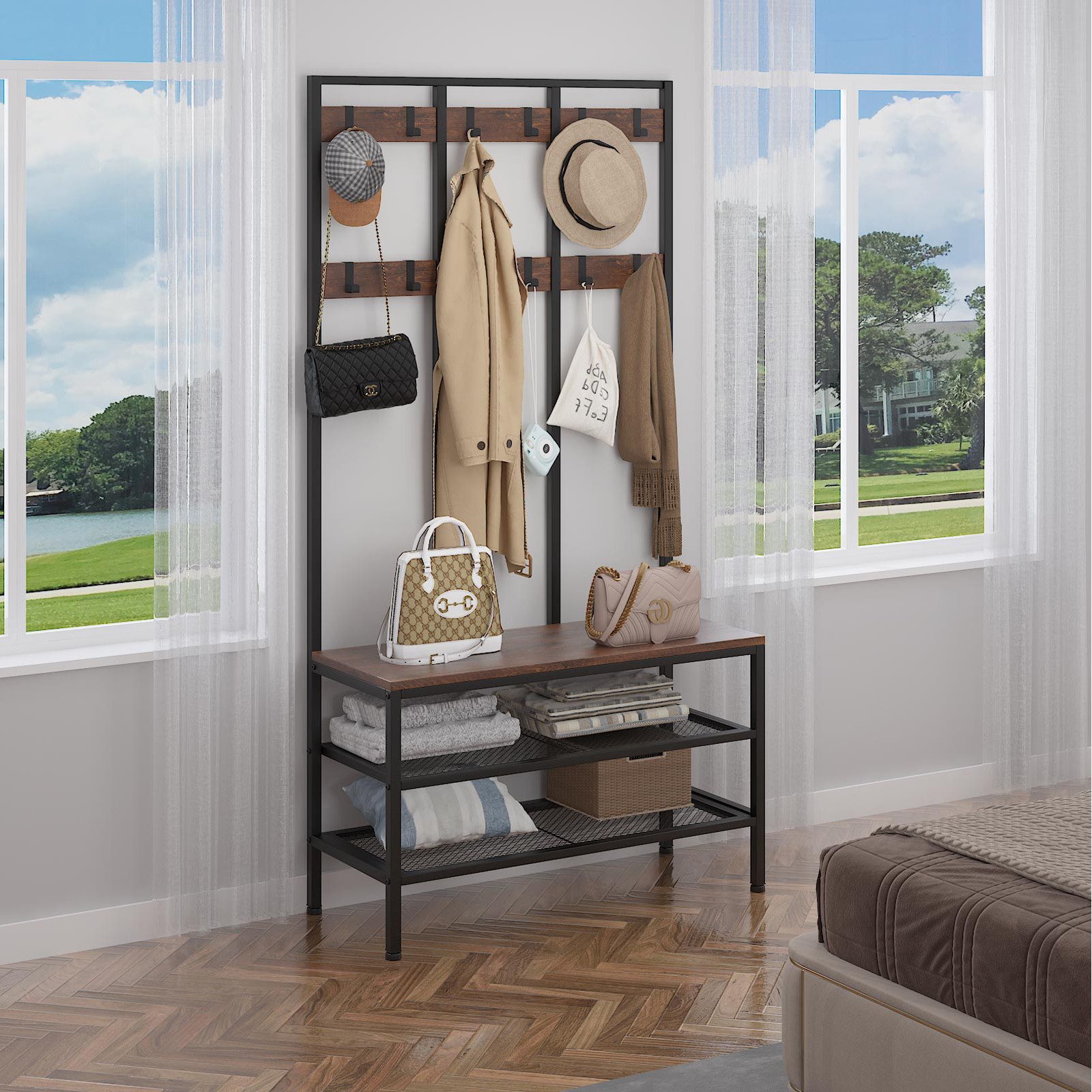 OUNUO Garderobe Garderobenständer mit Sitzbank und Schuhregal Flurregal – Bild 4 von 5