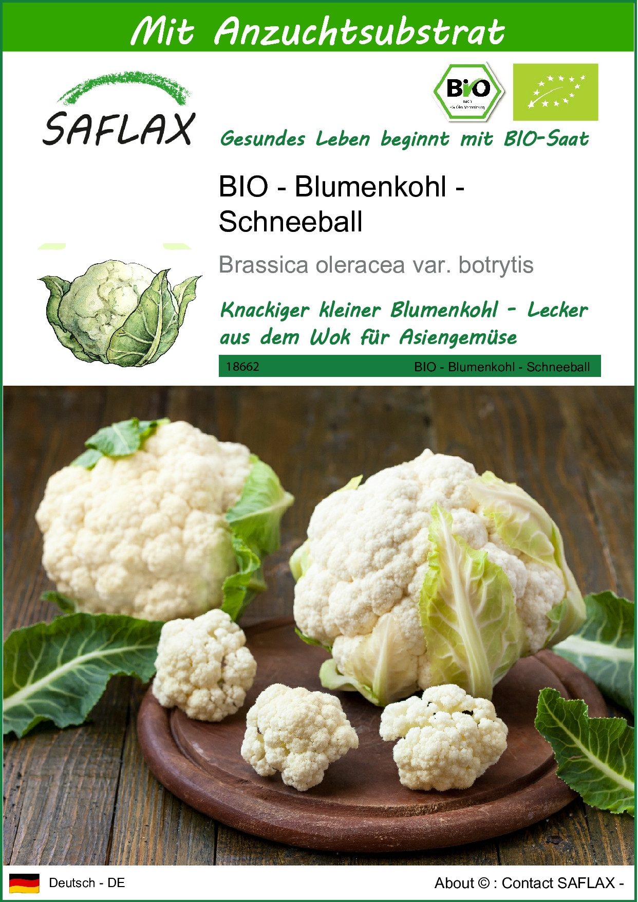 Gemüsesamen SAFLAX - Samen und Substrat - BIO - Blumenkohl - Schneeball