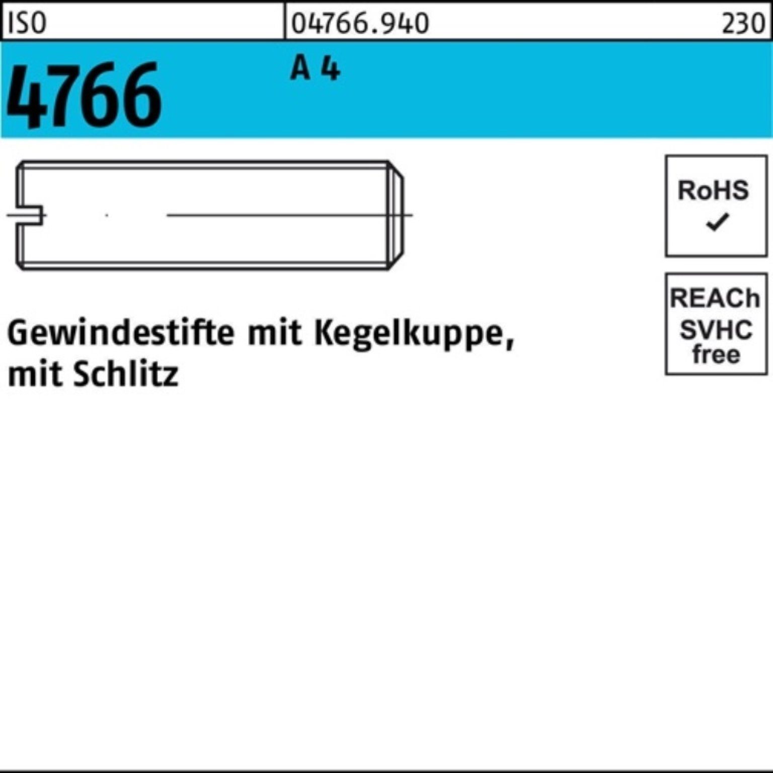 ISO Stü 100er Kegelkuppe/Schlitz Pack 16 M4x 4766 50 Gewindebolzen Reyher 4 A Gewindestift