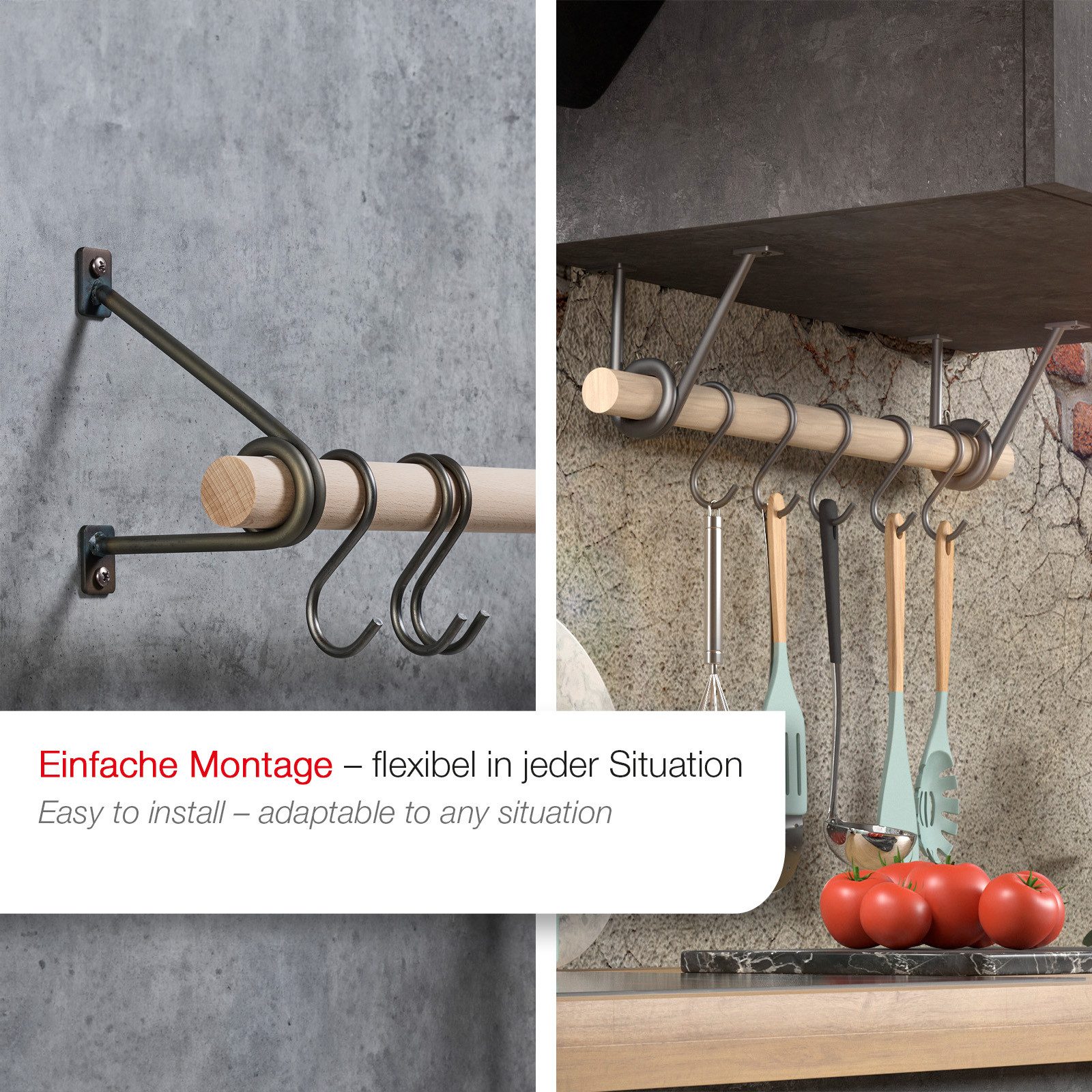 SO-TECH® Wandgarderobe 120 x 150 mm mit Ø 30 mm Kleiderstange aus Holz (Spar-Set, 1 St), Rohstahl lackiert mit 50 cm Garderobenstange aus Buche