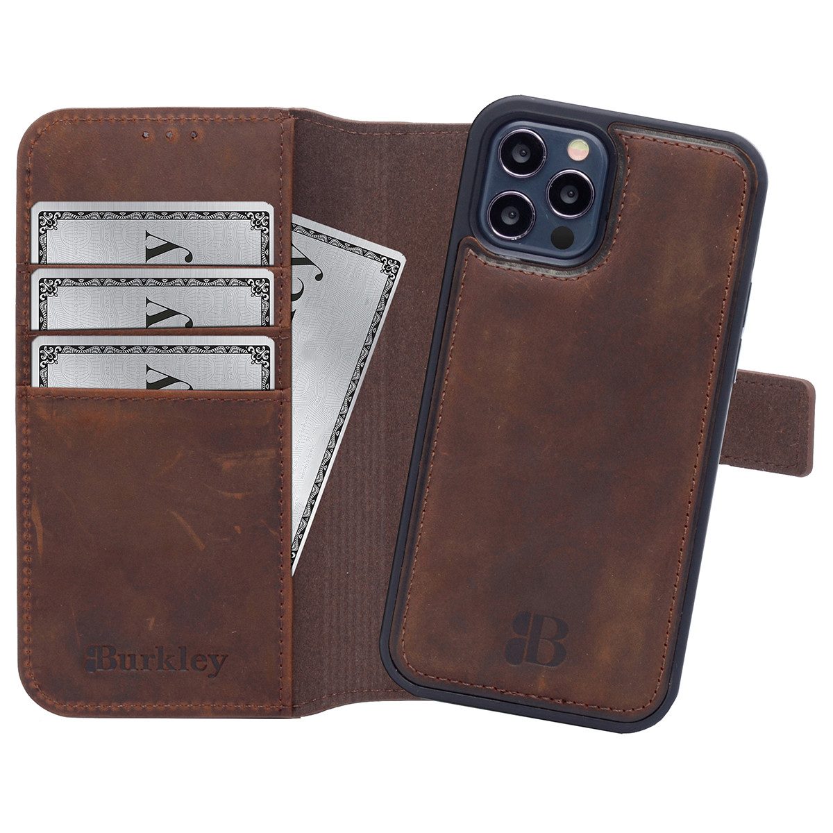 Burkley Handytasche Handytasche mit modularem Back Case (1-tlg., Book Case Lederhülle mit Kartenfach und Magnetverschluss), herausnehmbare Innenhülle, Kartenfächer, Kick-Stand