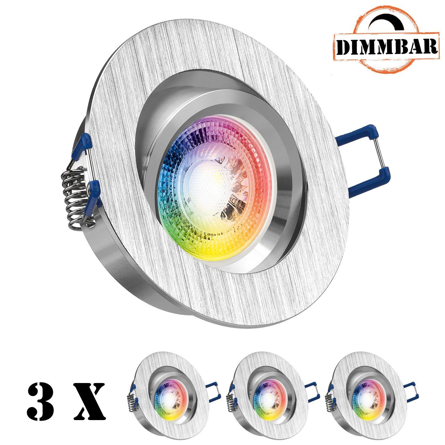 LEDANDO LED Einbaustrahler 3er RGB LED Einbaustrahler Set GU10 in aluminium gebürstet mit 3W LED